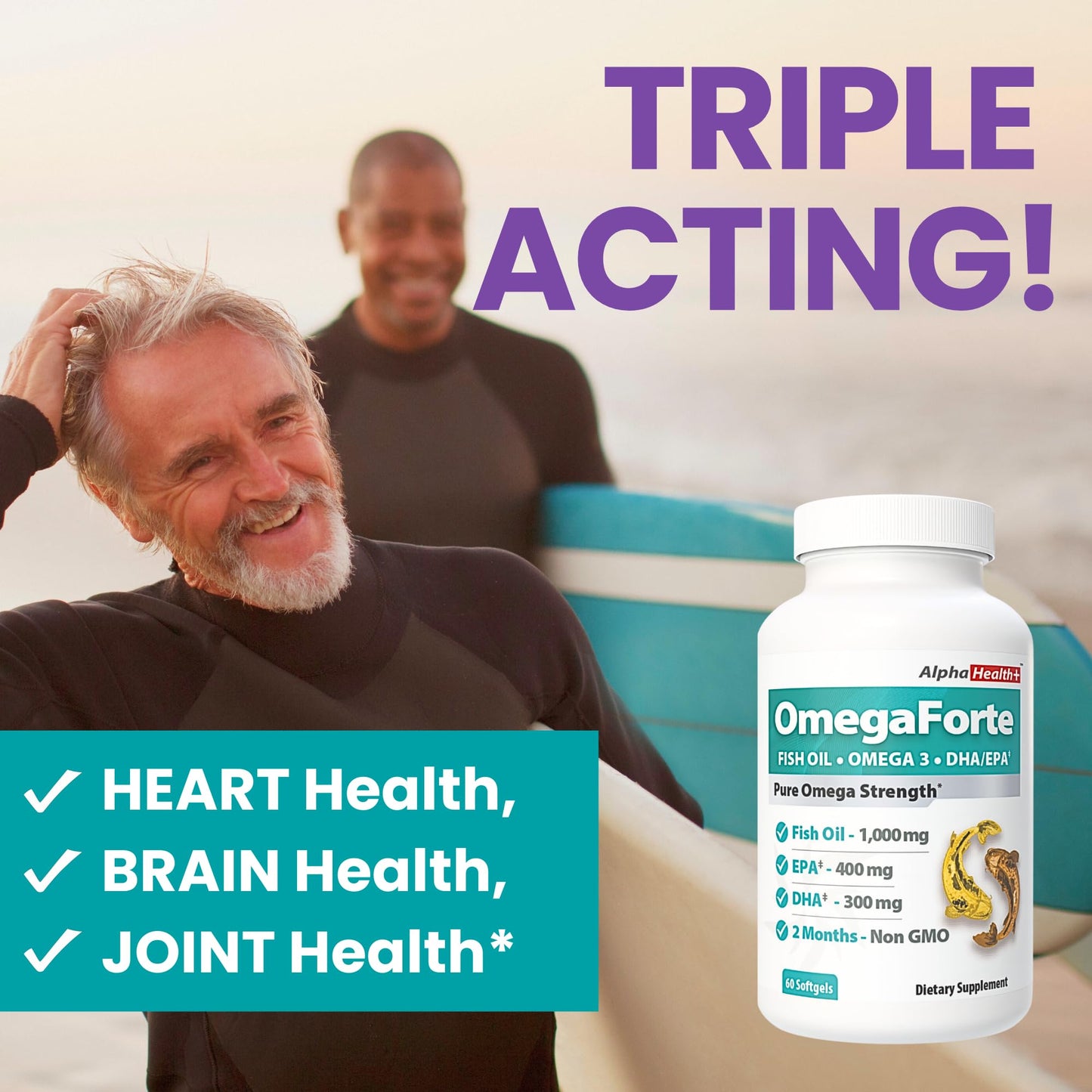 AlphaHealth+ OmegaForte Naturals Omega-3 Fish Oil Supplement Capsules 60 Count