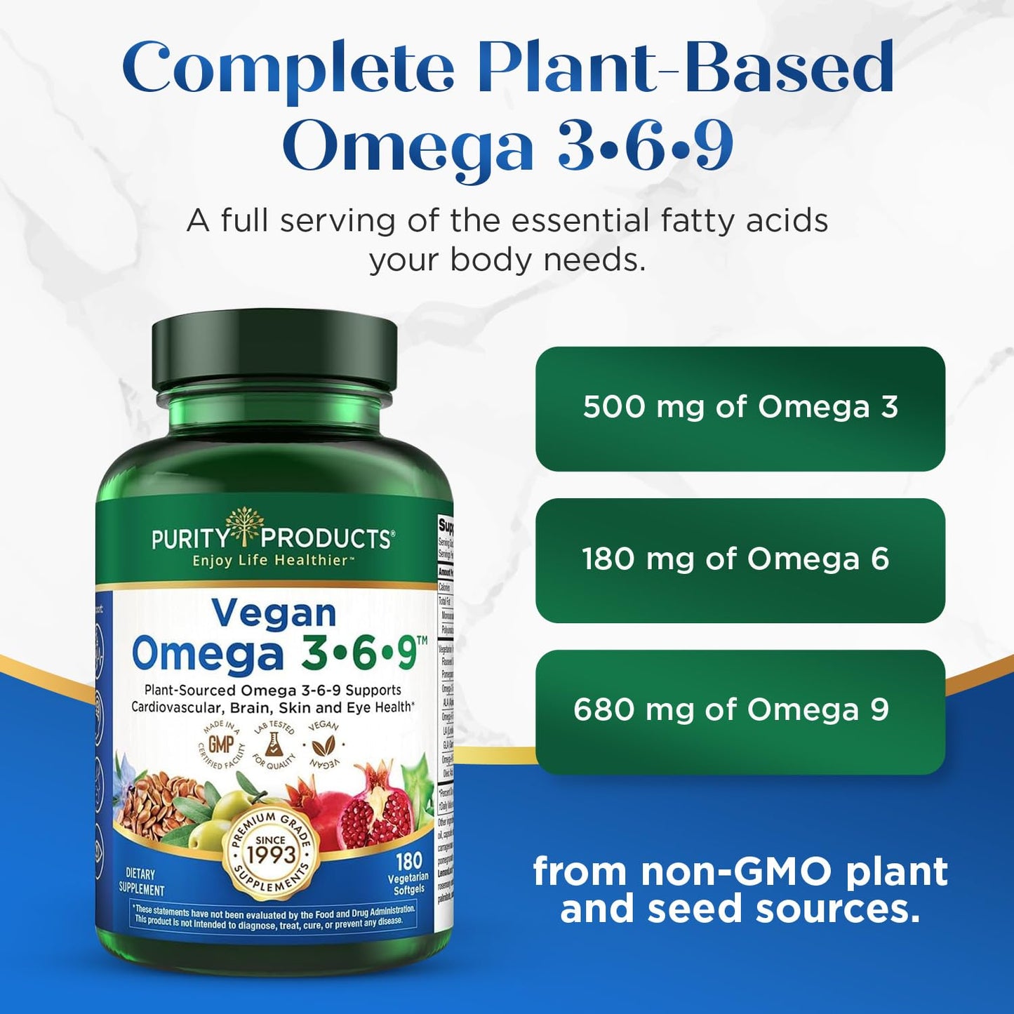 Purity Products Vegan Omega-3-6-9 Formula Essential Fatty Acid Complex Softgels 180 Count