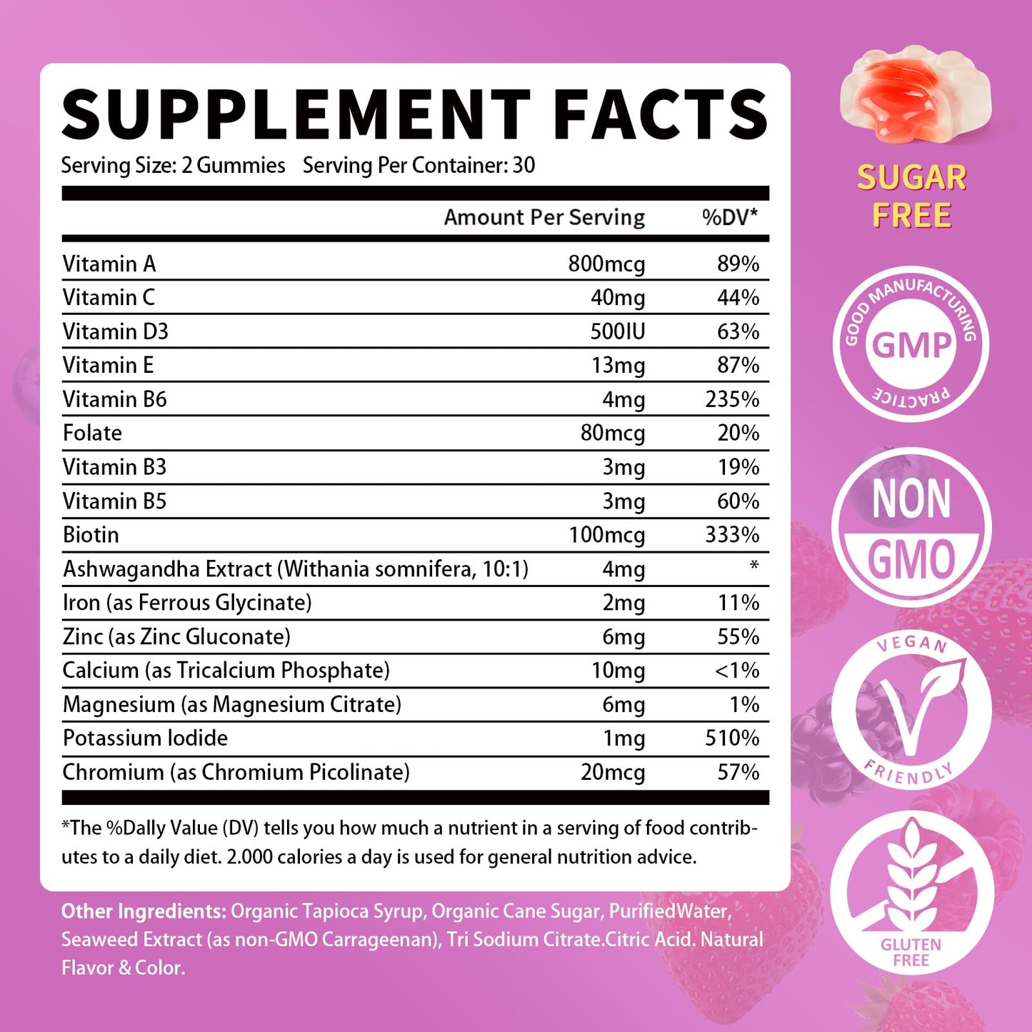 GparkNature Women's Multivitamin Gummies with Iron, Magnesium, Folate, Biotin, Zinc, Vitamin D3, A, C, E, B Complex, Sugar Free, 120 Gummies