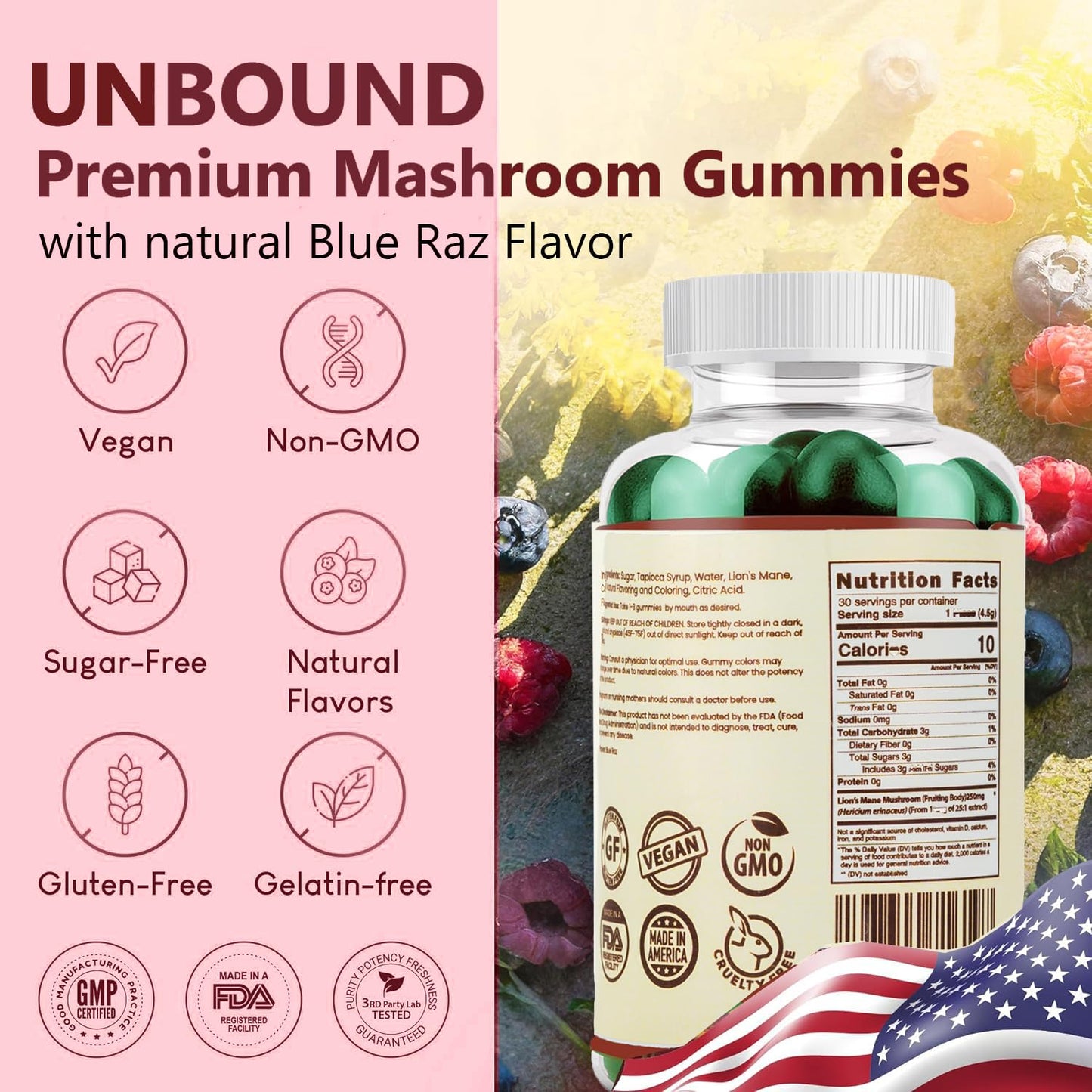 Unbound Mushroom Gummies Lion's Mane Mushroom Gummies Gummy 60 Count