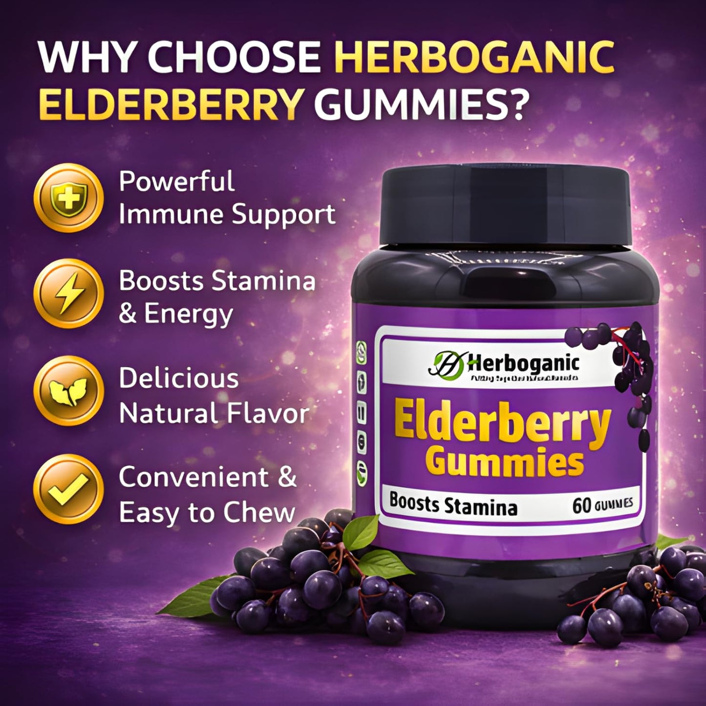 HERBOGANIC Elderberry Gummies 60 Count