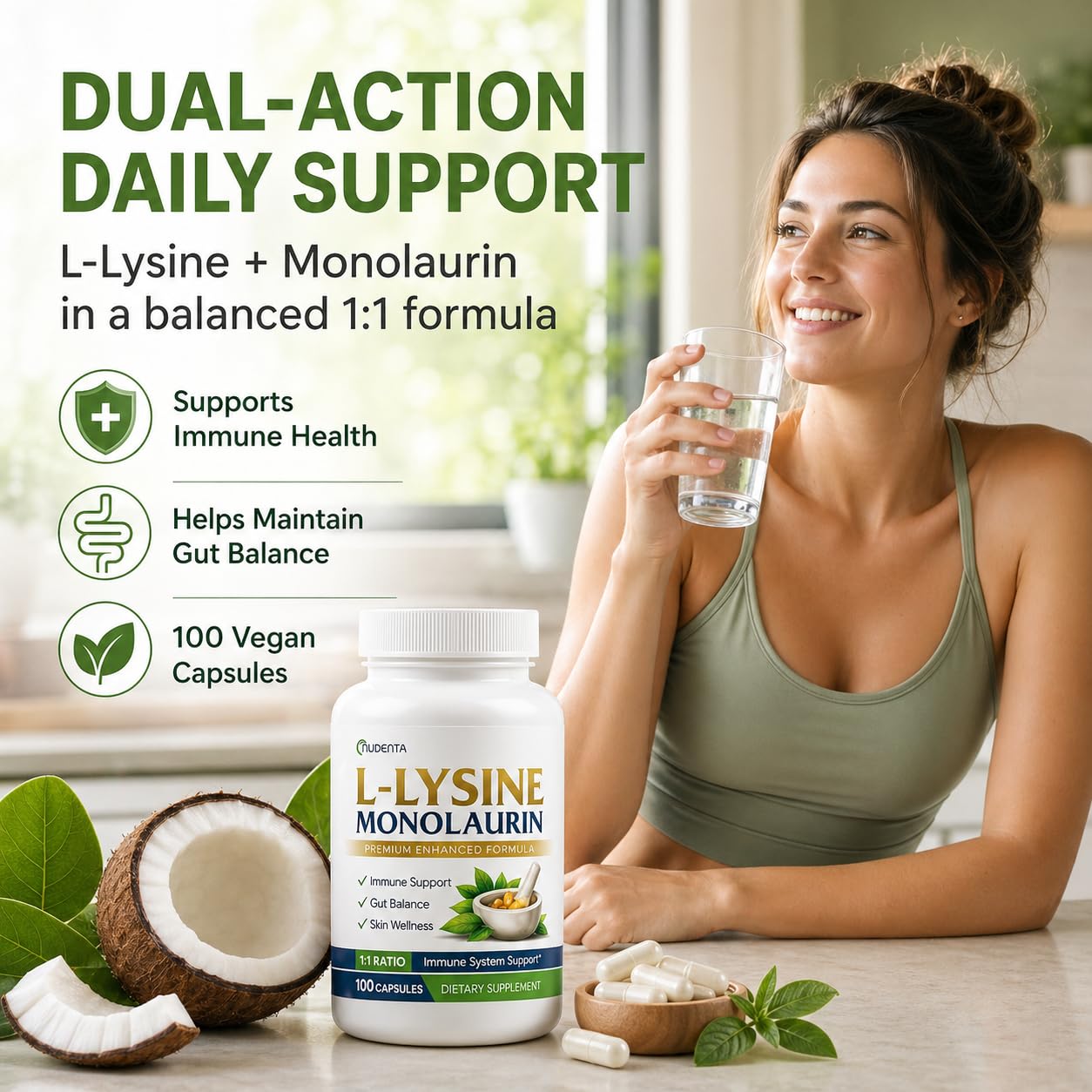 NUDENTA Monolaurin and Lysine Supplement, L-Lysine & Monolaurin 600mg 1:1 Ratio Capsules, 100 Count