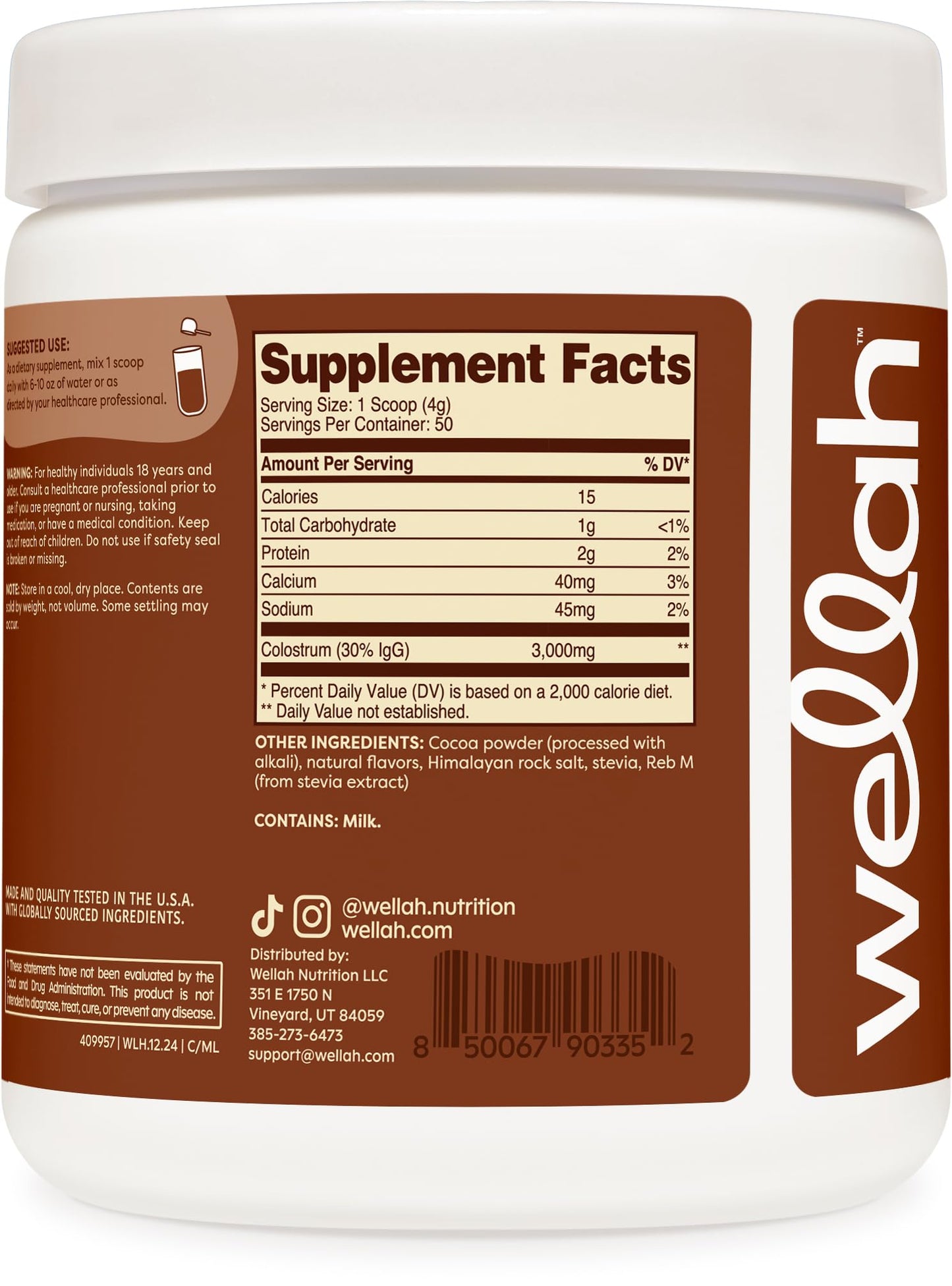 Wellah Colostrum Powder (Mocha Latte) 50 Servings, 3g Per Serving, 6.8 Ounce
