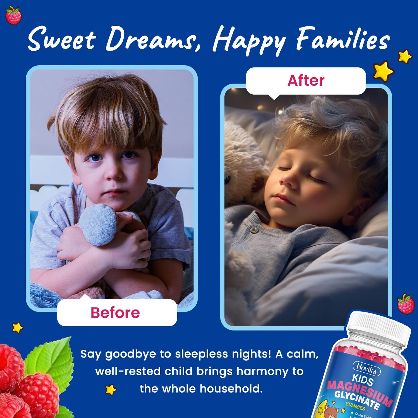 Hovika Magnesium Glycinate Gummies for Kids with L-Theanine, Omega-3, Vitamin B6, D3, Zinc - Sugar Free Raspberry, 60 Gummies