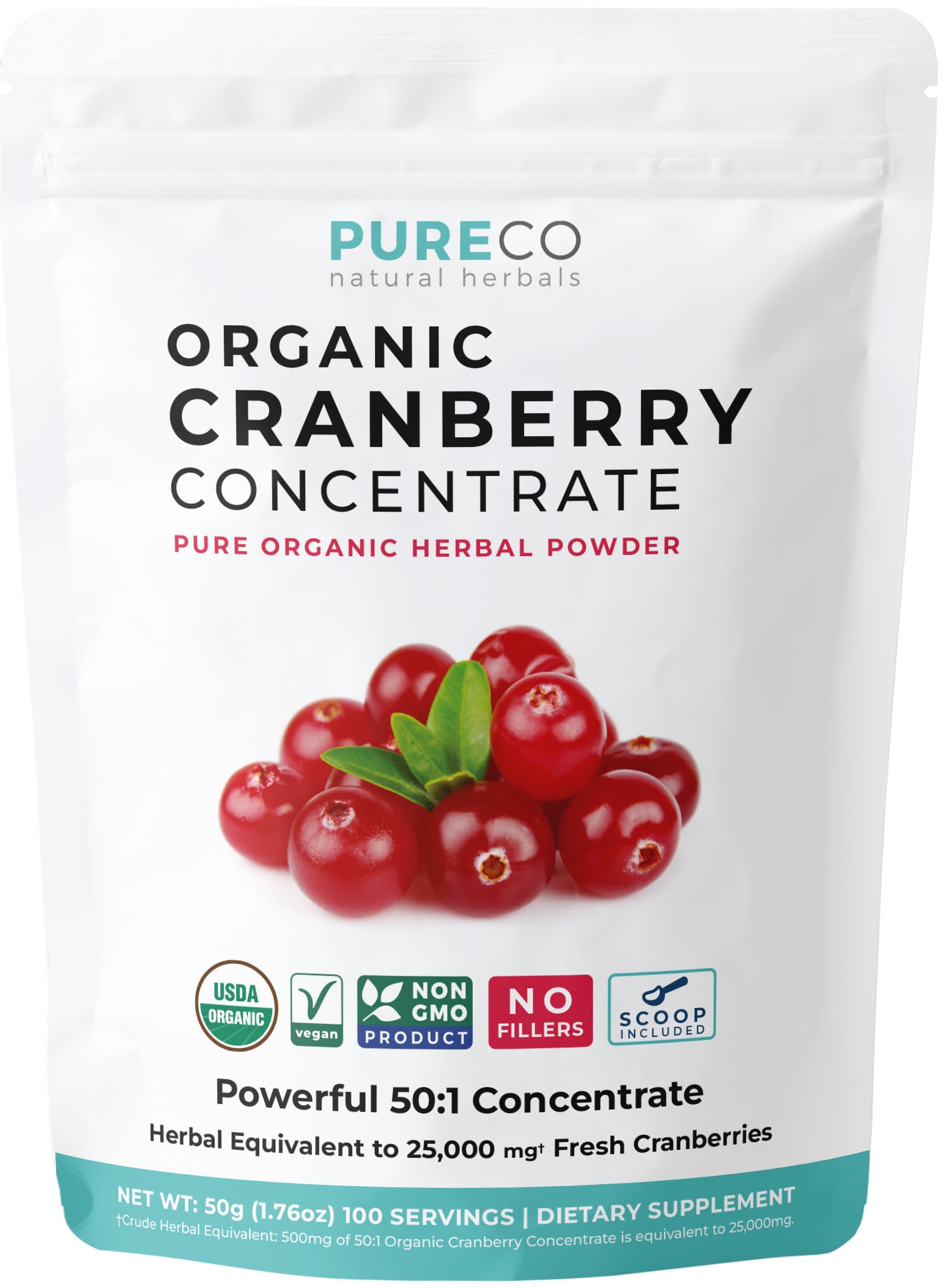 PURE CO Cranberry Concentrate Powder 1.76 Ounce - USDA Organic Cranberry Powder 500mg 50:1 Extract per 1 Scoop Serving - Kidney Cleanse & Urinary Tract Support for Women - 100 Servings