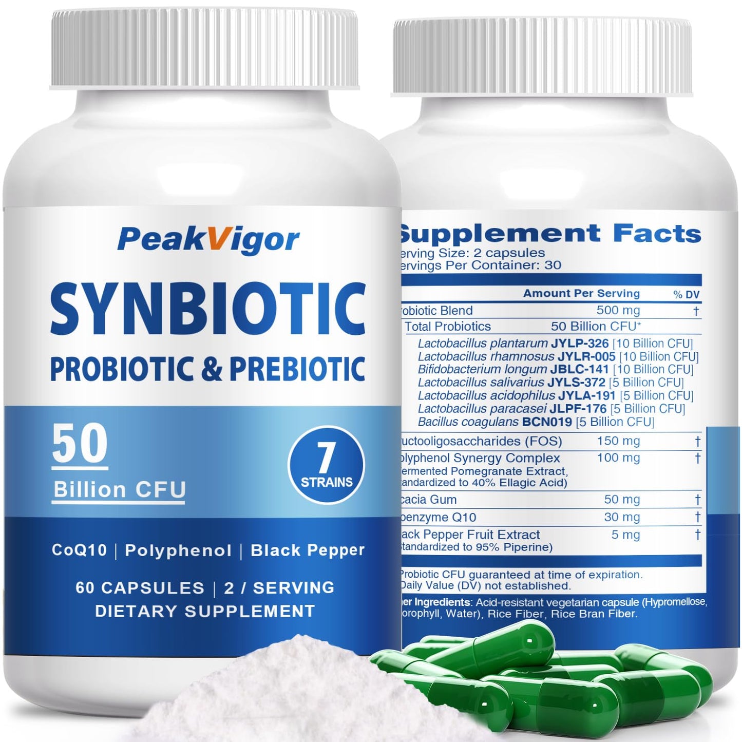 PeakVigor 50 Billion CFU Probiotic Supplement with FOS Prebiotics, CoQ10 & Polyphenol – 7 Strain Synbiotic Formula with Black Pepper Capsule 60 Count