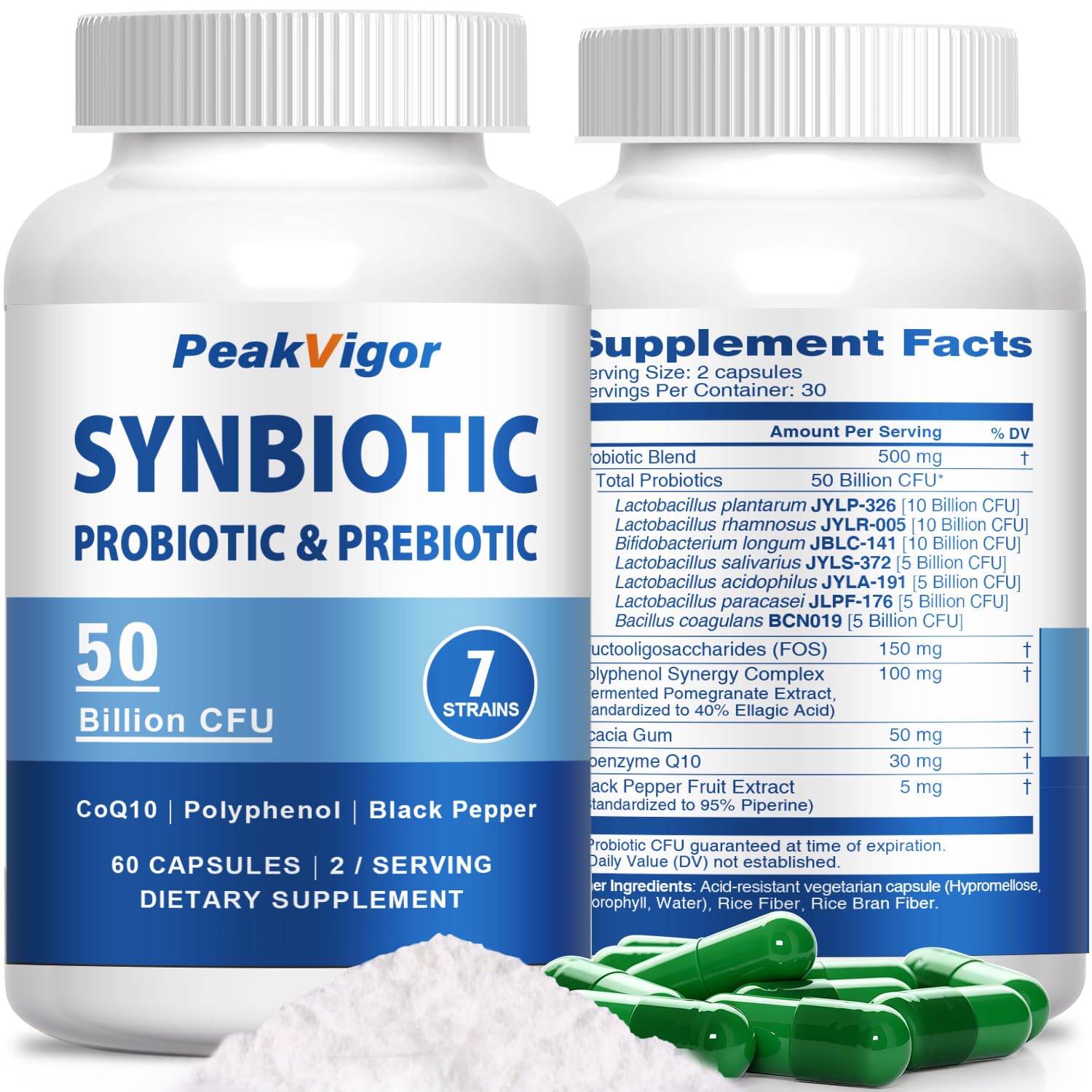 PeakVigor 50 Billion CFU Probiotic Supplement with FOS Prebiotics, CoQ10 & Polyphenol – 7 Strain Synbiotic Formula with Black Pepper Capsule 60 Count
