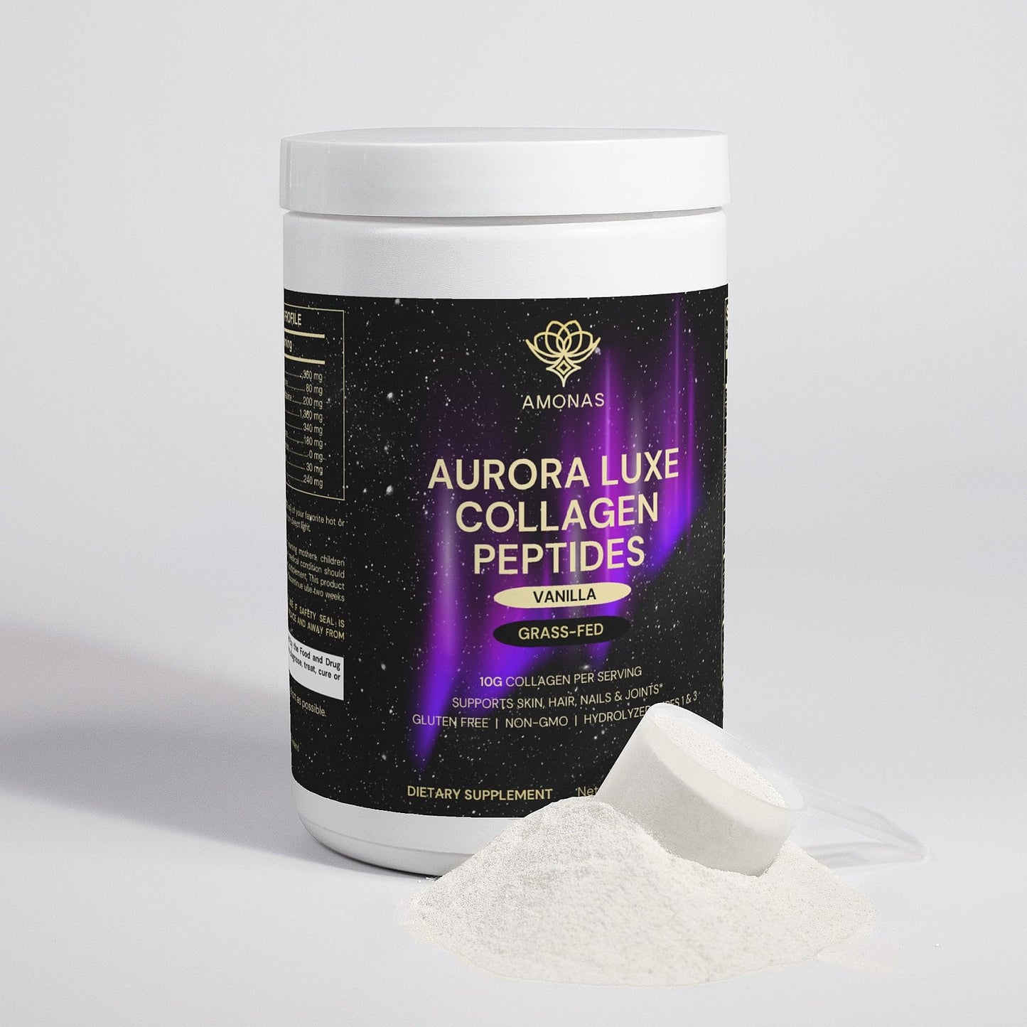 Amonas Aurora Luxe Collagen Peptides Powder Vanilla - Grass-Fed Bovine Collagen, Type I & III, Stevia-Sweetened, Non-GMO, 8.46 oz