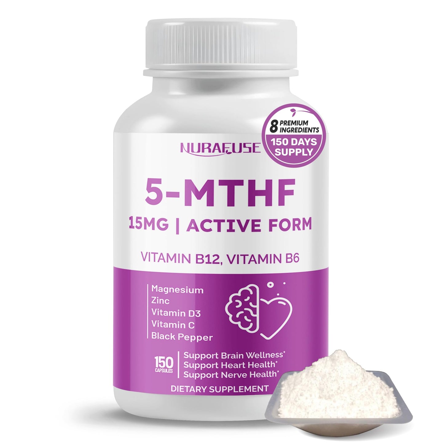 NURAFUSE High Potency 5-MTHF (Active Form) with Vitamin B12, Vitamin B6, Magnesium & Black Pepper – Supports Brain Wellness, Heart Health & Nerve Health, 150 Capsules