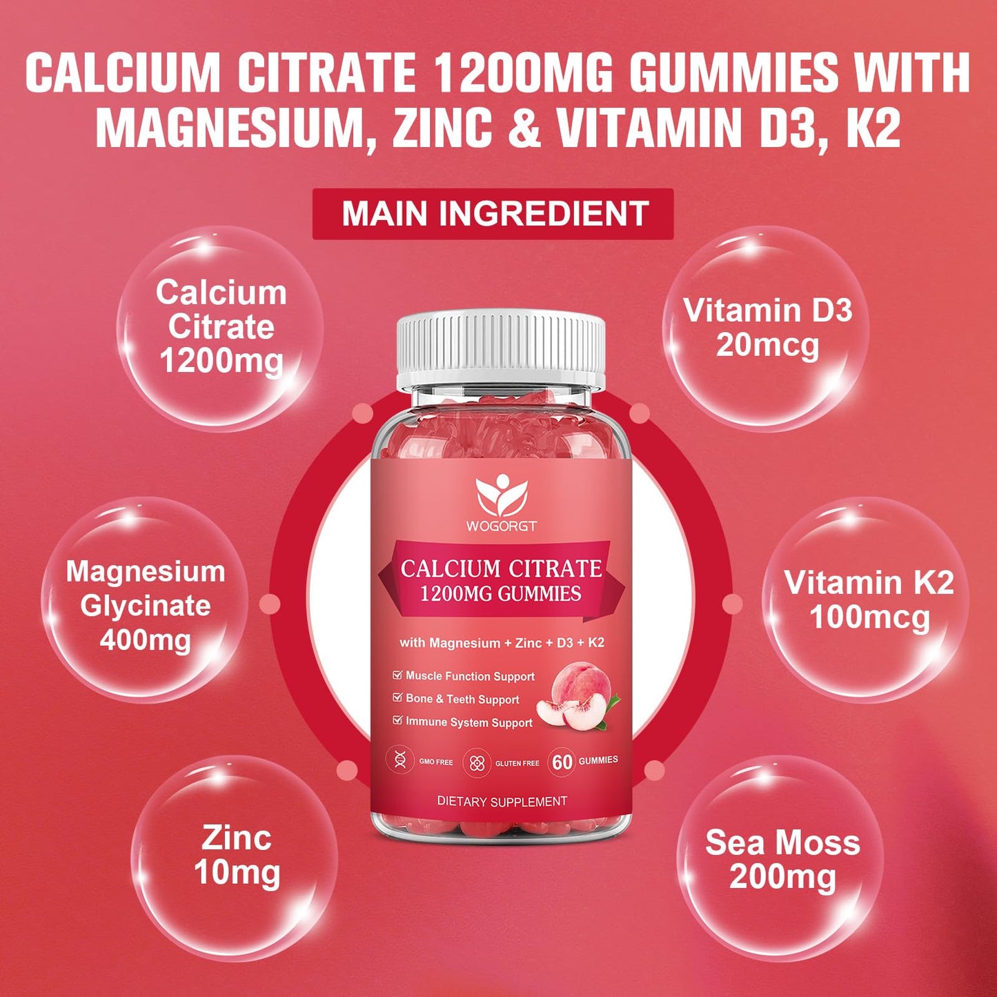 WOGORGT Calcium Citrate 1200mg Gummies with Vitamin D3 K2, Chewable Calcium Magnesium Zinc with Sea Moss Extract for Bone, Teeth, Immune Support, White Peach Flavor, 60 Gummies