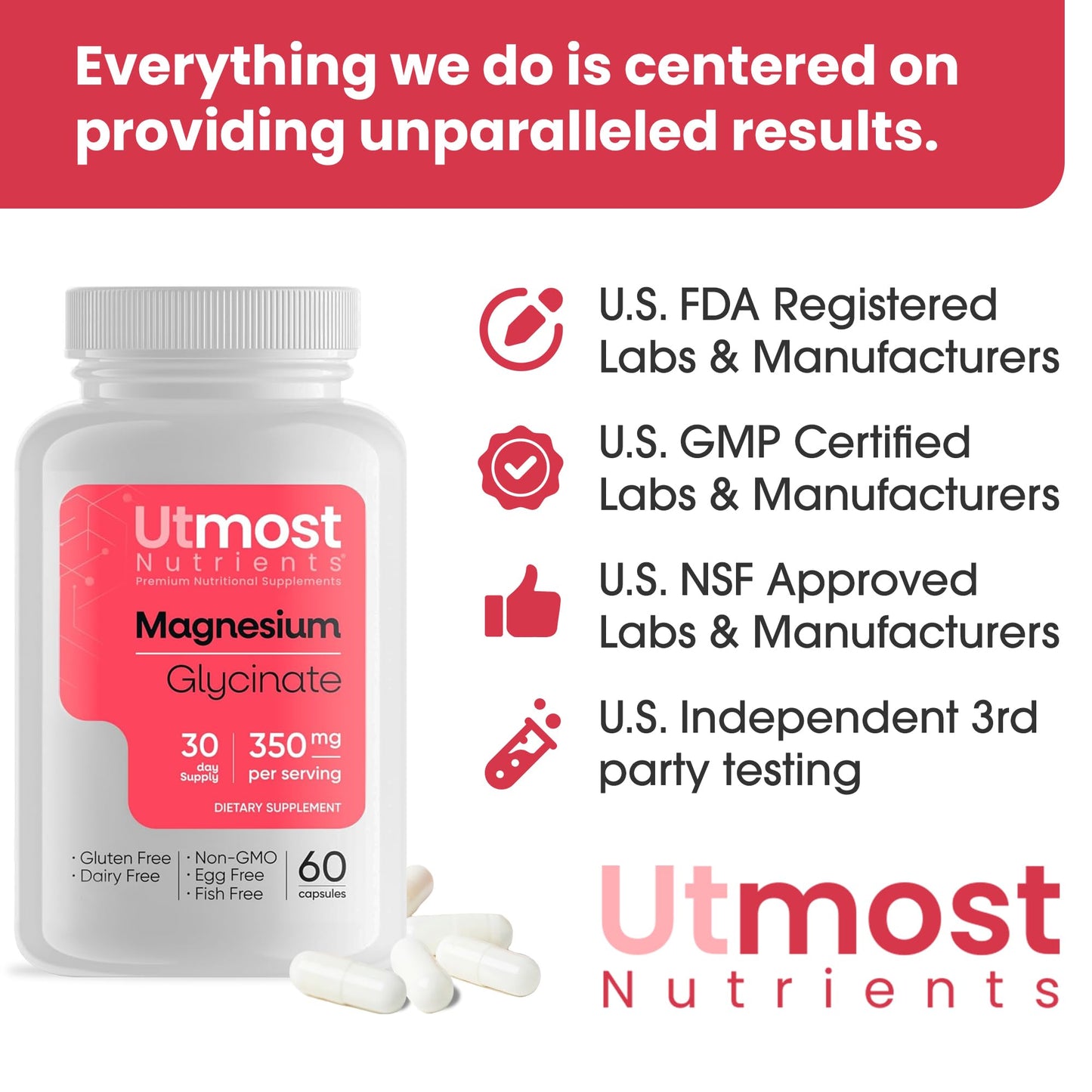 Utmost Nutrients Magnesium Glycinate Supplement Capsules, 60 Count