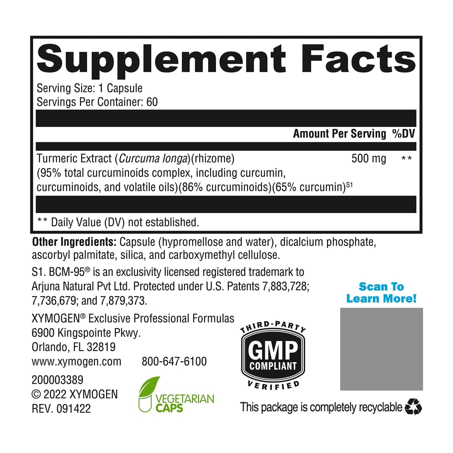 XYMOGEN CurcuPlex-95 Turmeric Curcumin Supplement for Daily Brain Support Enhanced Bioavailability, Non-GMO, Gluten-Free, Vegan, 60 Capsules
