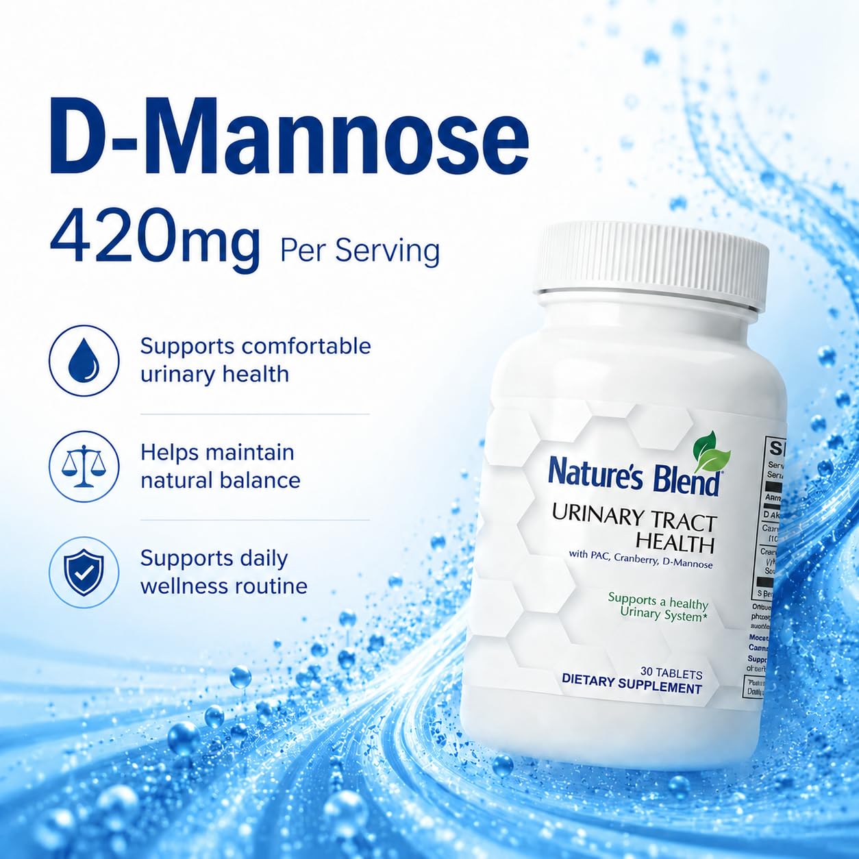 Nature's Blend D-Mannose 420mg with Cranberry 260mg & 36mg PACs, Urinary Tract Support Supplement for Women, Bladder Health Support, D-Mannose Supplements for Women, Non-GMO, 30 Tablets