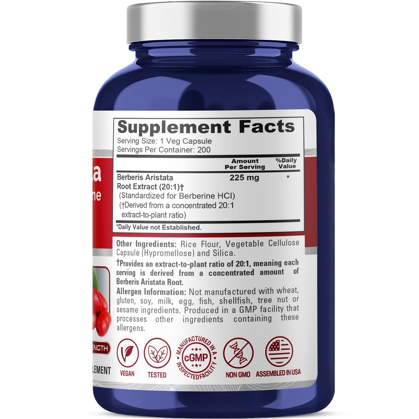 NusaPure Berberine HCI Capsules, 225 mg, 200 Count