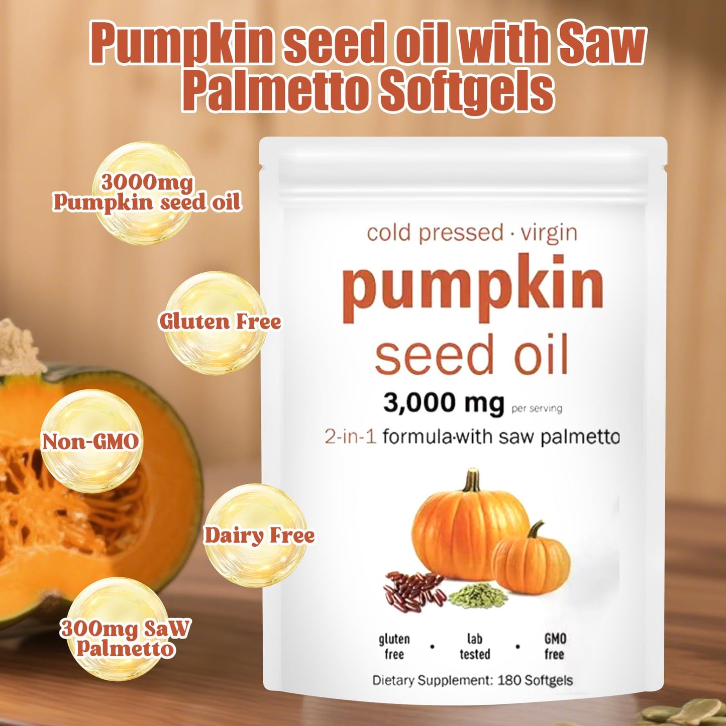 YATIME Pumpkin Seed Oil 2 in 1 with Saw Palmetto, 3000mg Per Serving, 180 Softgels
