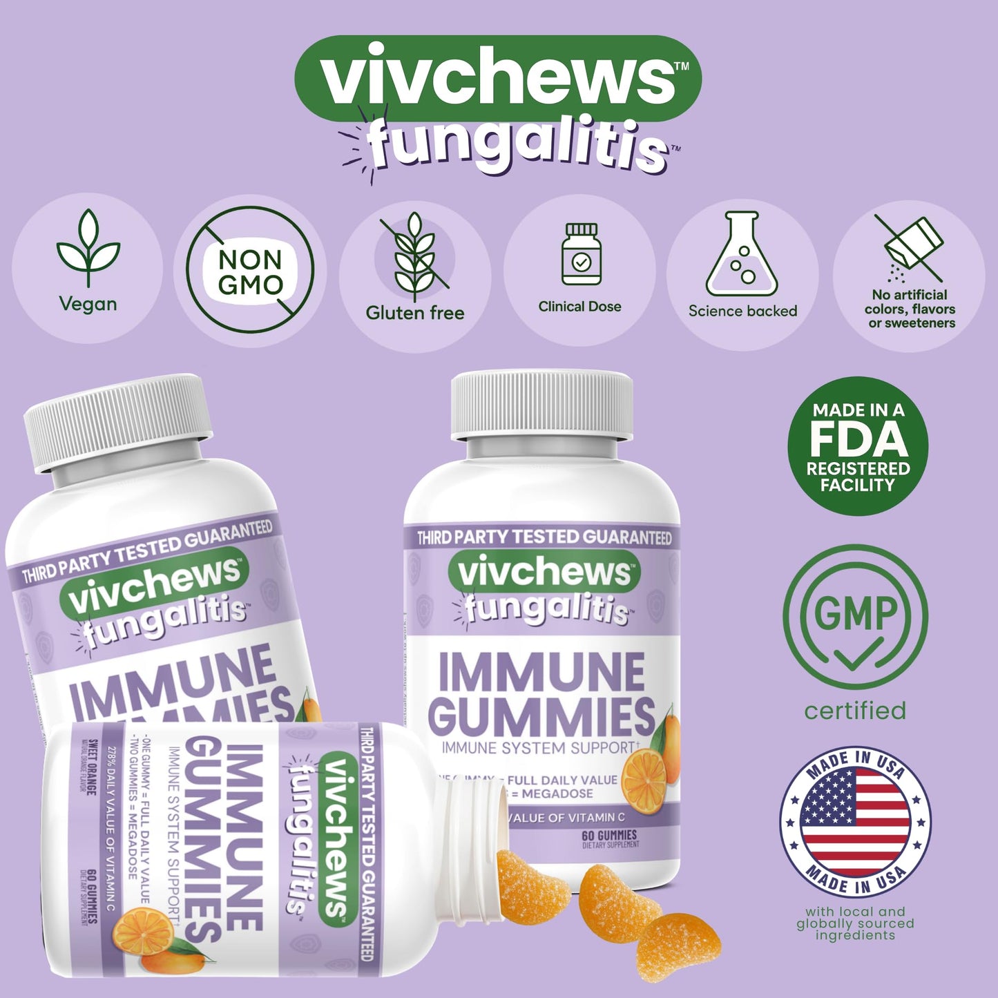 vivchews Immune Gummies Vitamin C 250mg, Non-GMO, Vegan, Natural Sweet Orange Flavor, 60 Gummies