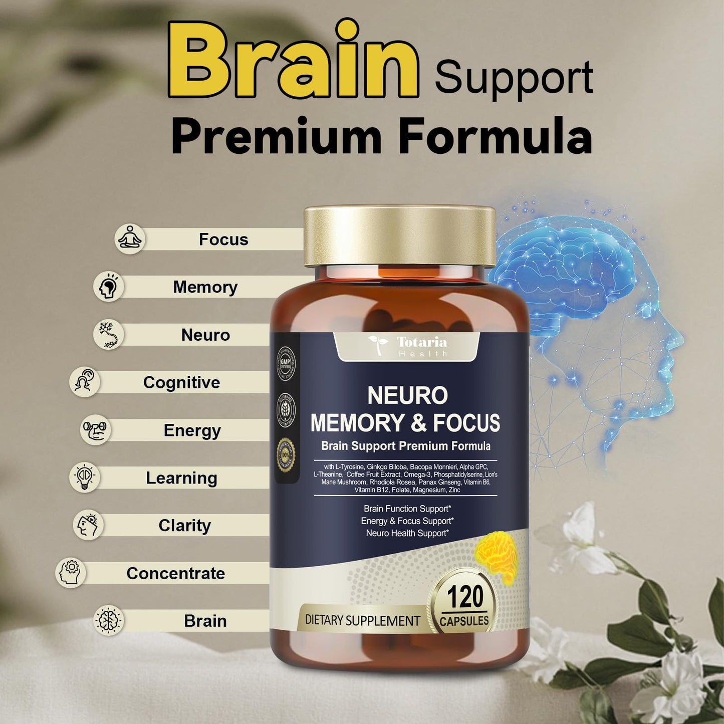Totaria 25 in 1 Brain Supplements for Memory and Focus & Neuro Health Daily Brain Nootropic Cognitive Supplement with L-Tyrosine, Bacopa Monnieri, Ginkgo Biloba, Alpha GPC, 120 Capsules
