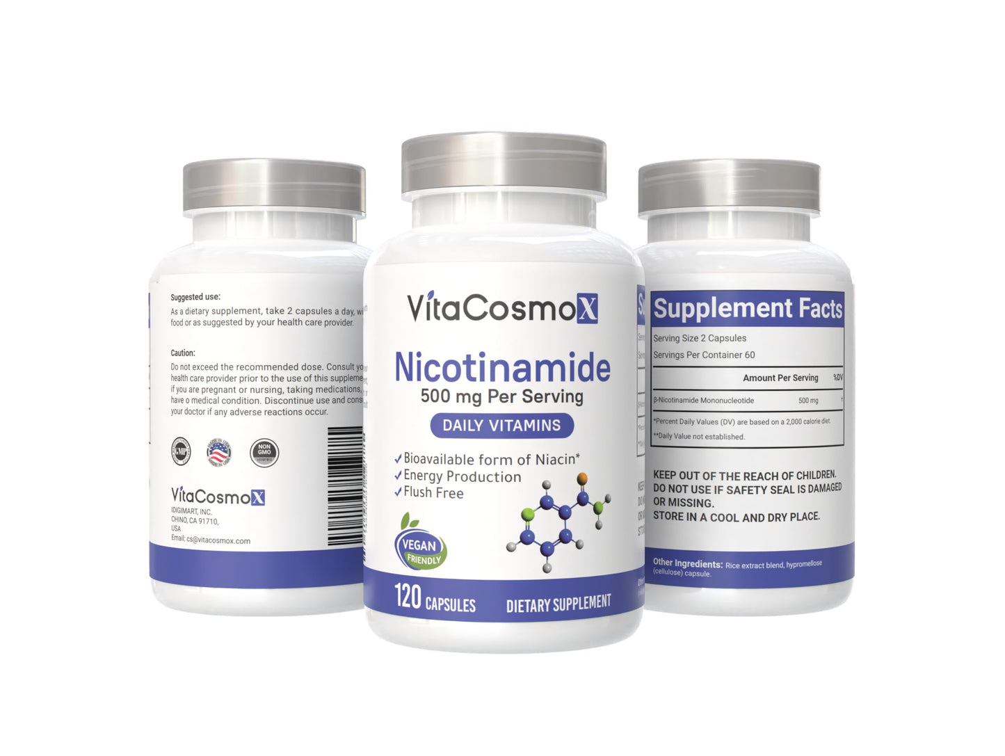VitaCosmoX Nicotinamide 500mg Vitamin B3 Capsules, 120 Count