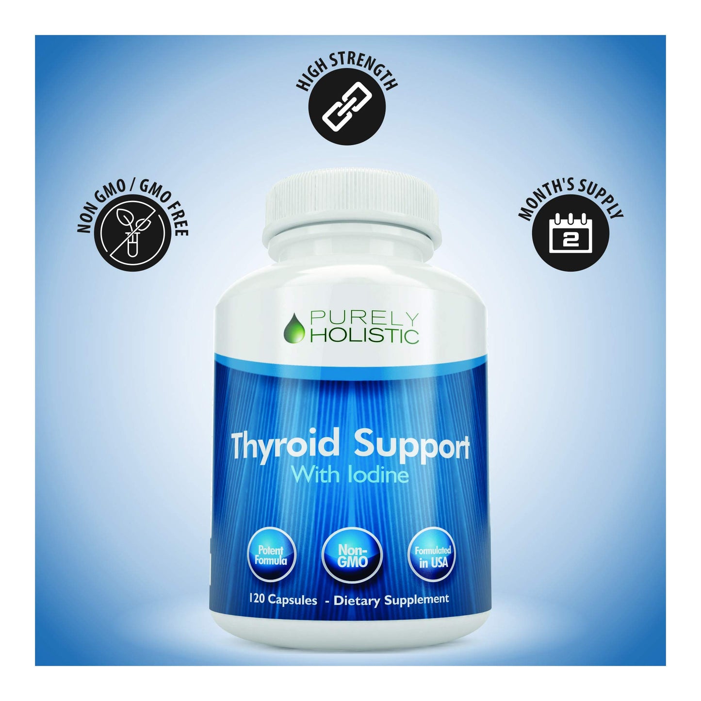 Purely Holistic Thyroid Support Iodine Supplement with Zinc, Selenium, L-Tyrosine & Vitamin B12 Capsule, 120 Count