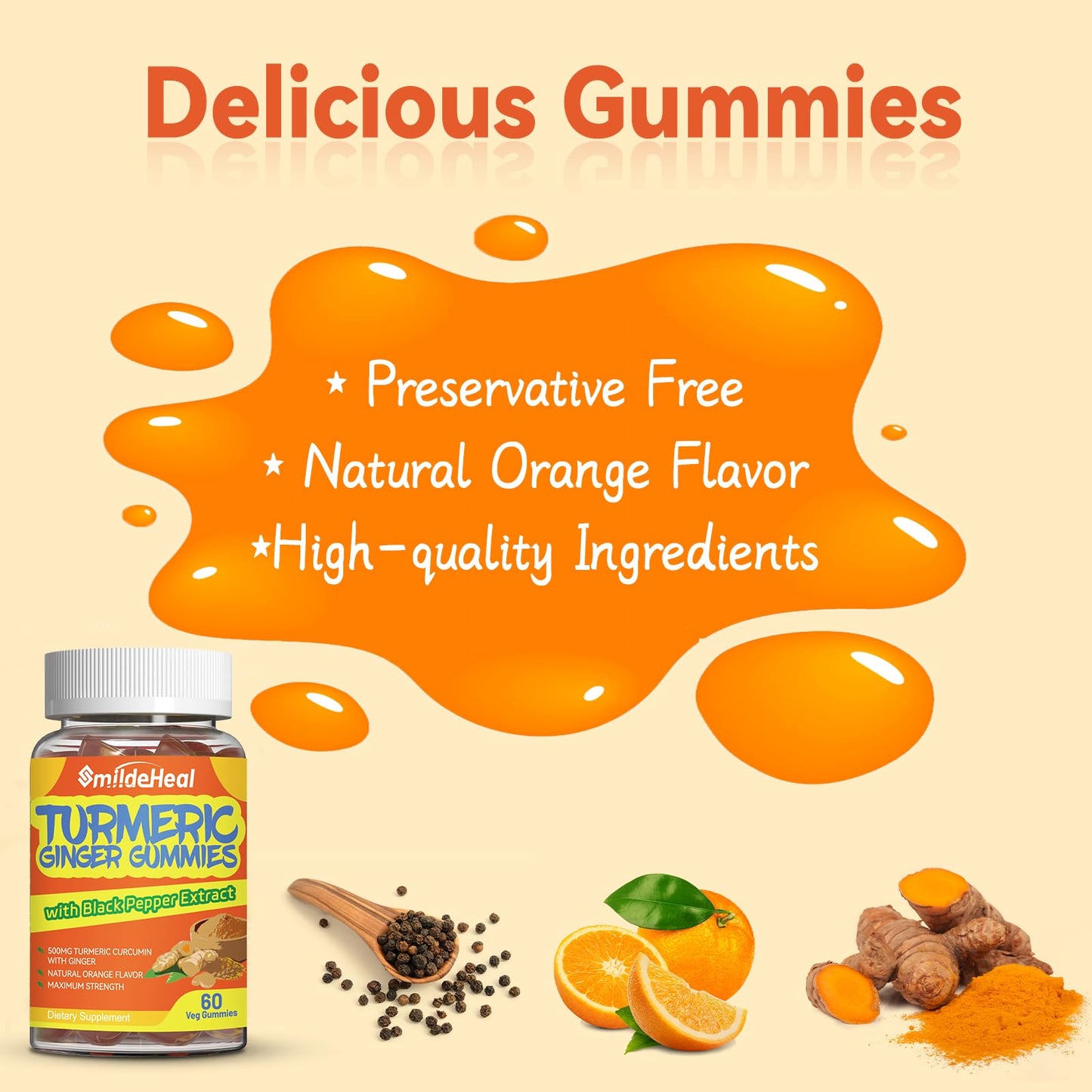 SmildeHeal Turmeric Curcumin Gummies 500mg with Turmeric Root Extract, 120 Gummies