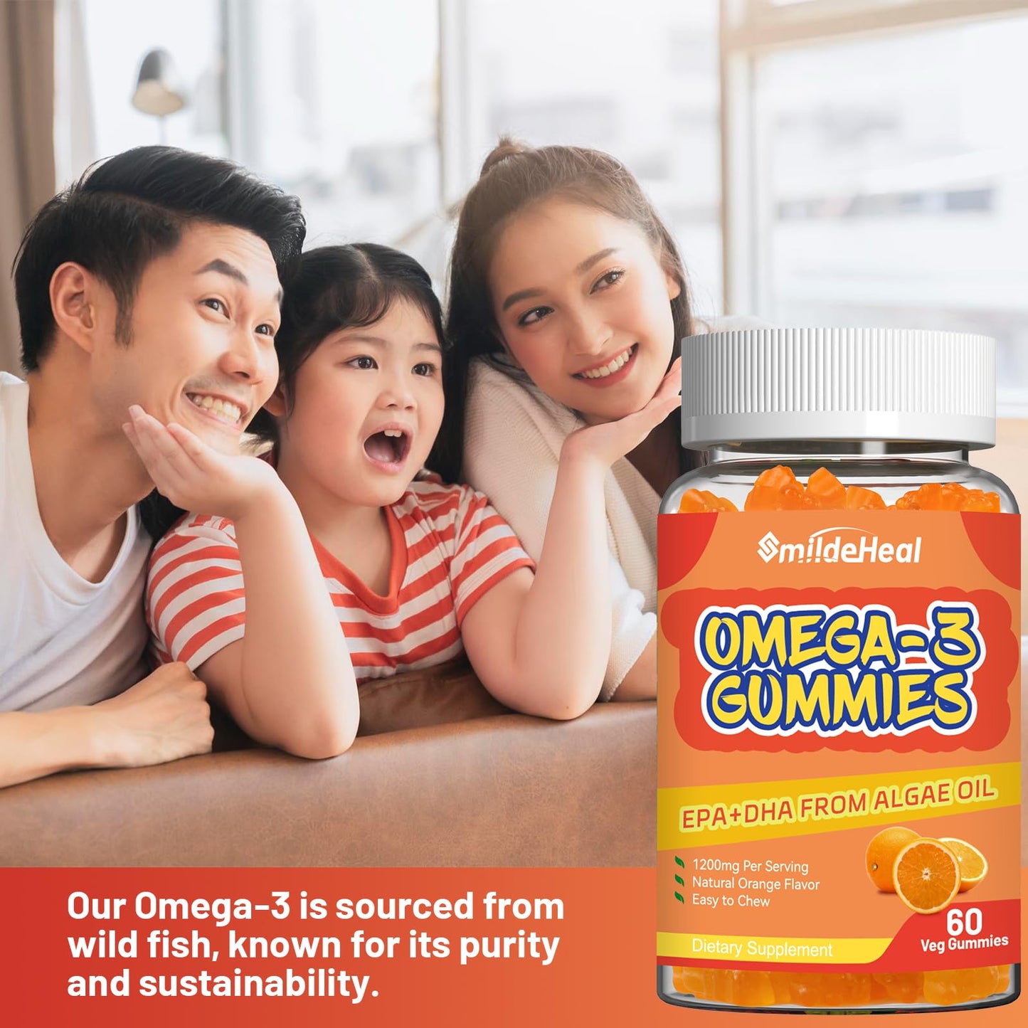 SmildeHeal Omega 3 Gummies 1000mg, High Absorption DHA & EPA, Heart, Brain & Joint Support, 60 Count