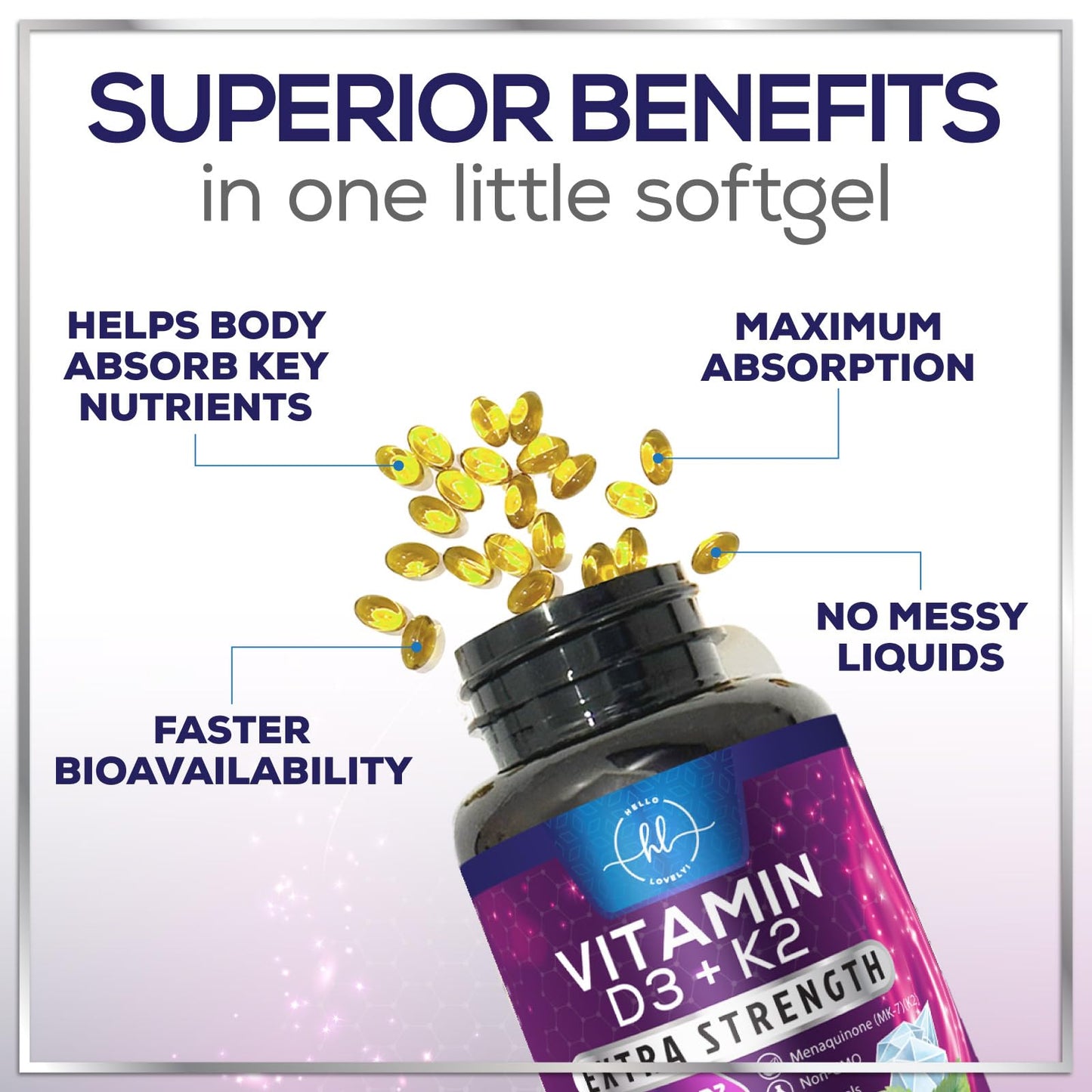 Hello Lovely Vitamin D with K2 (MK-7) Vitamin D3 5000IU (125mcg) Per Serving Softgels 120 Count