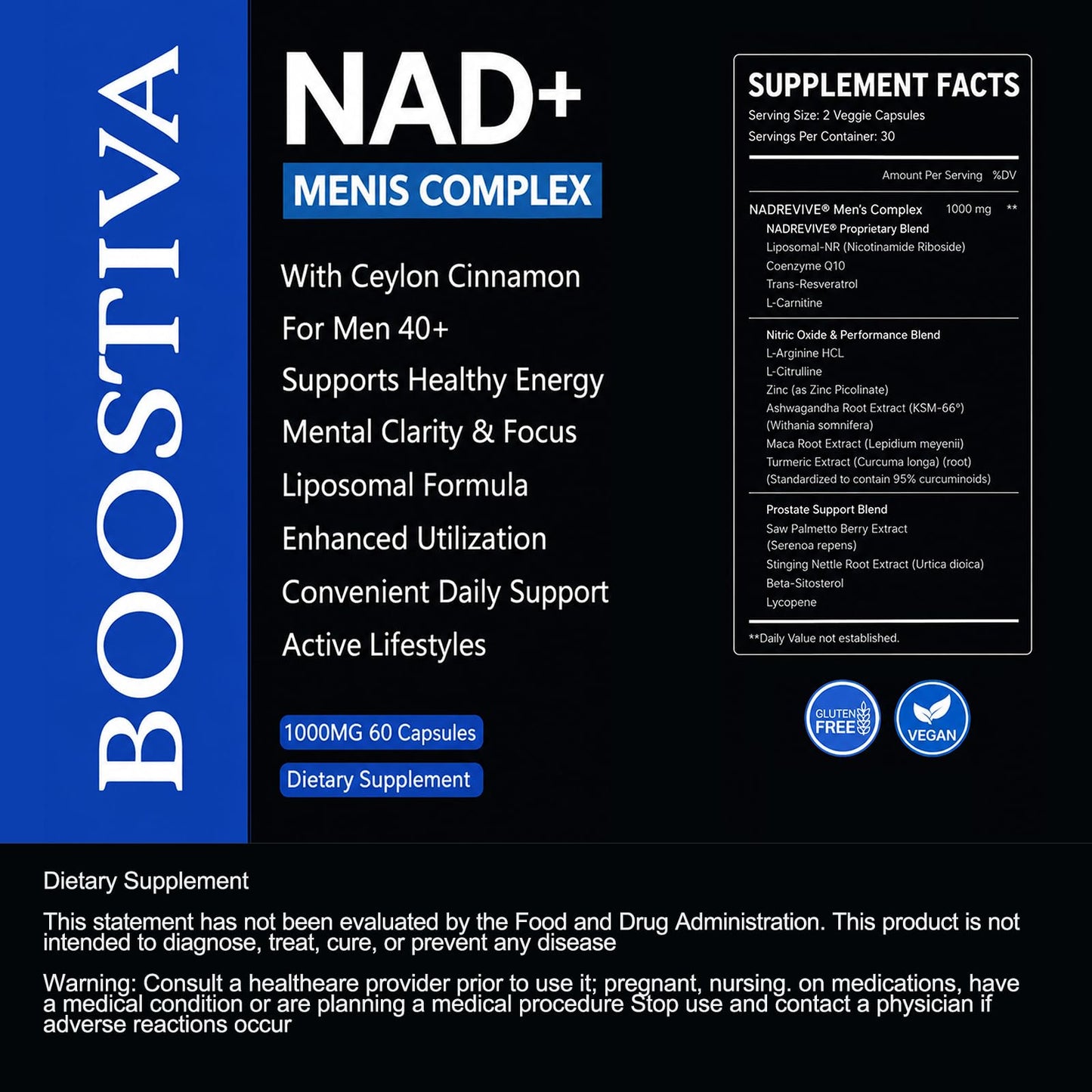 Metadermic Boostiva Liposomal NAD+ for Men, with Ceylon Cinnamon, Daily Wellness Support, Men 40+, Dietary Supplement, 1 Capsule