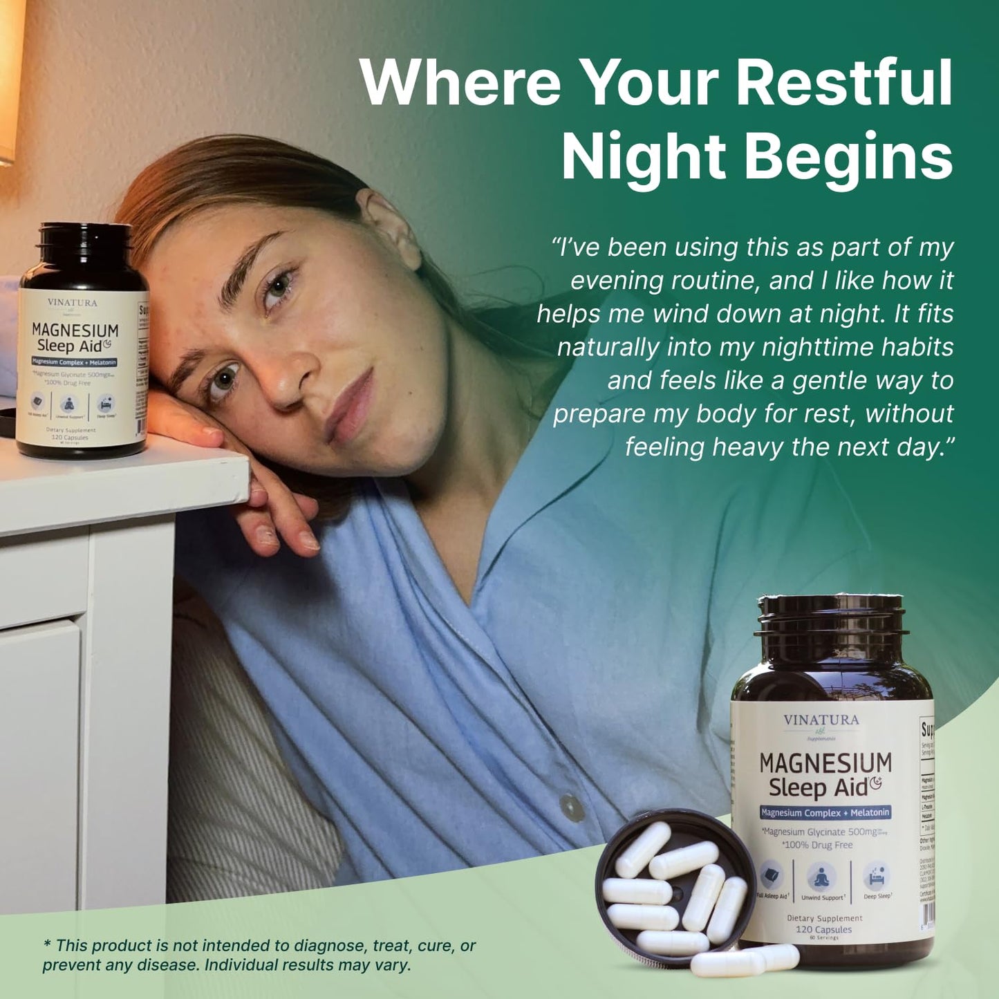 VINATURA Magnesium Glycinate Sleep Aid with Melatonin Capsules 120 Count