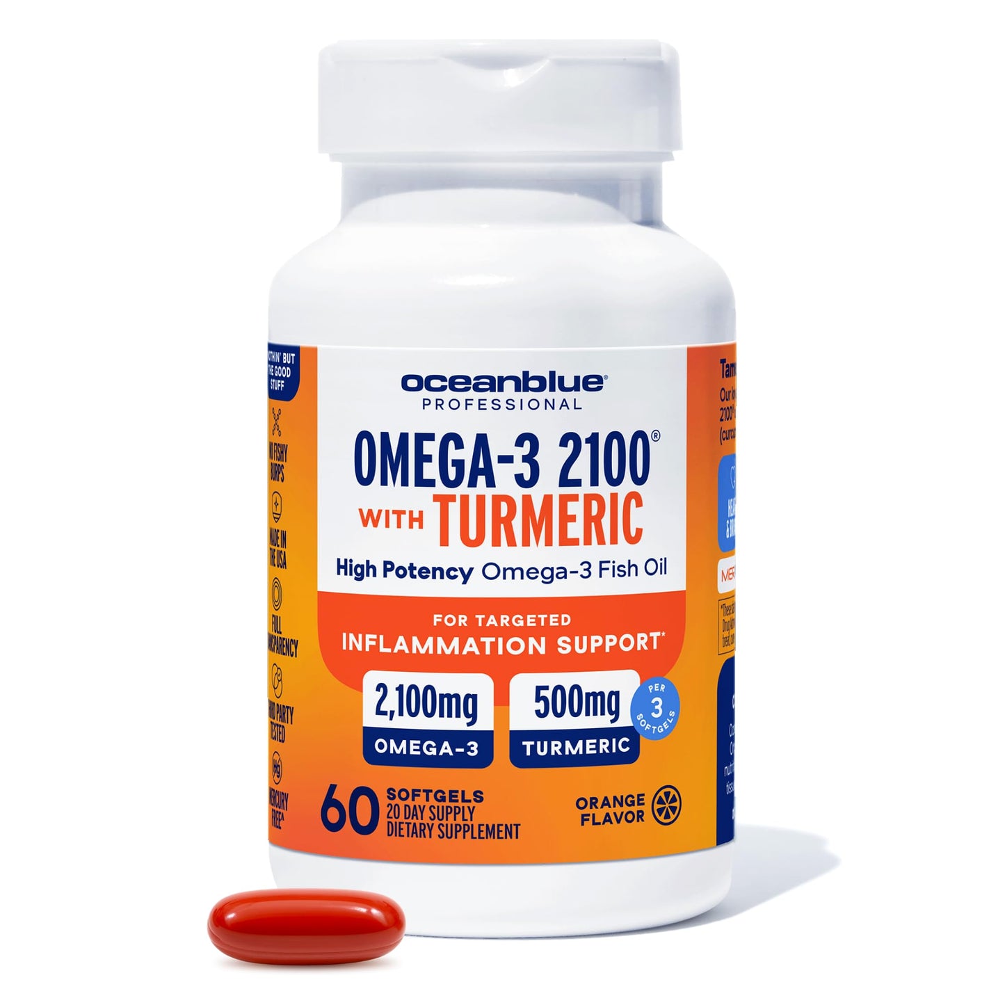 Oceanblue Omega-3 2100 w/Turmeric - Triple Strength DPA EPA DHA Omega-3 Supplement - Joint & Heart Support with Curcumin - Burpless Wild-Caught Fish Oil - Orange Flavor, 60 Softgels