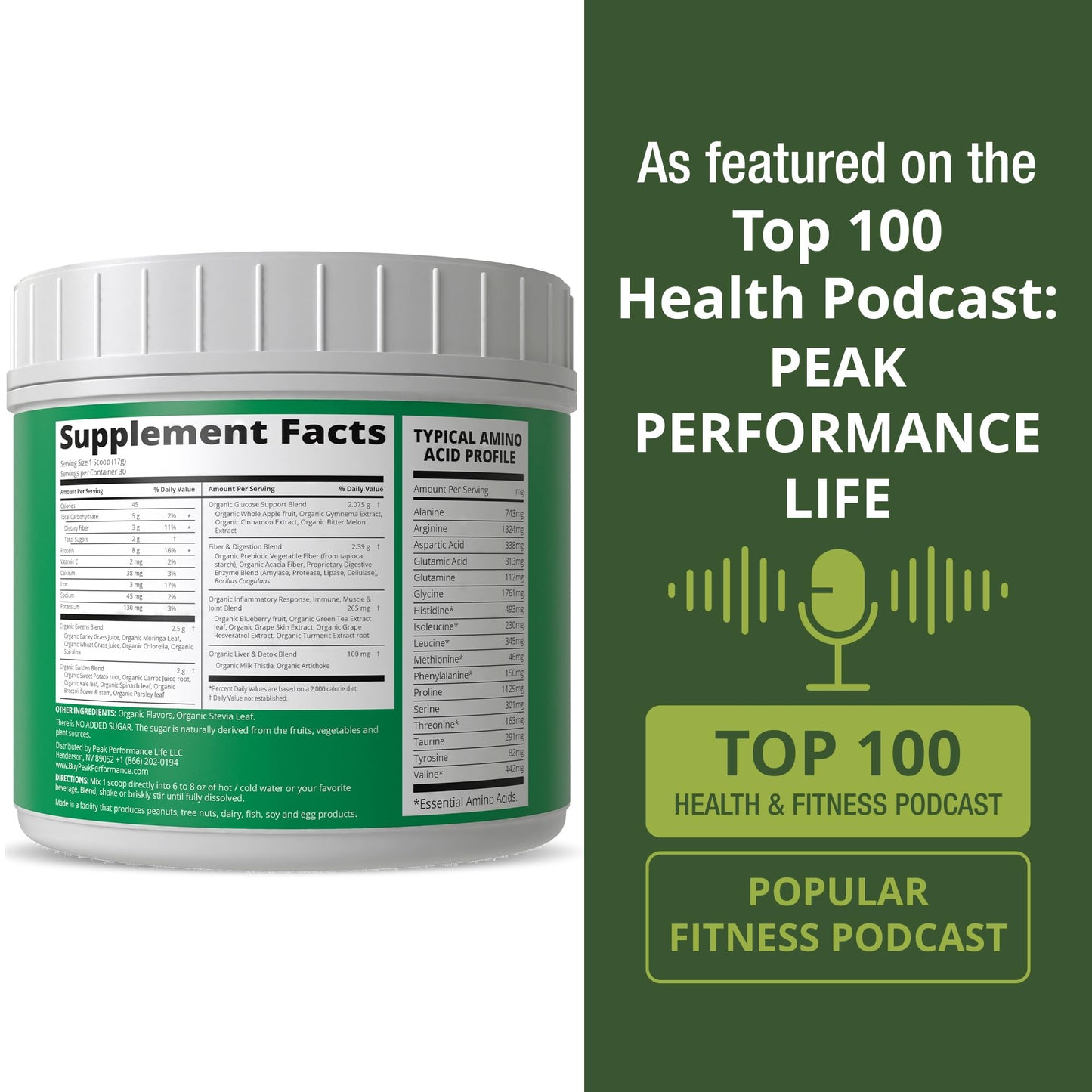 Peak Performance Greens Superfood + Grass Fed Collagen Peptides Powder, 1.12 Pound