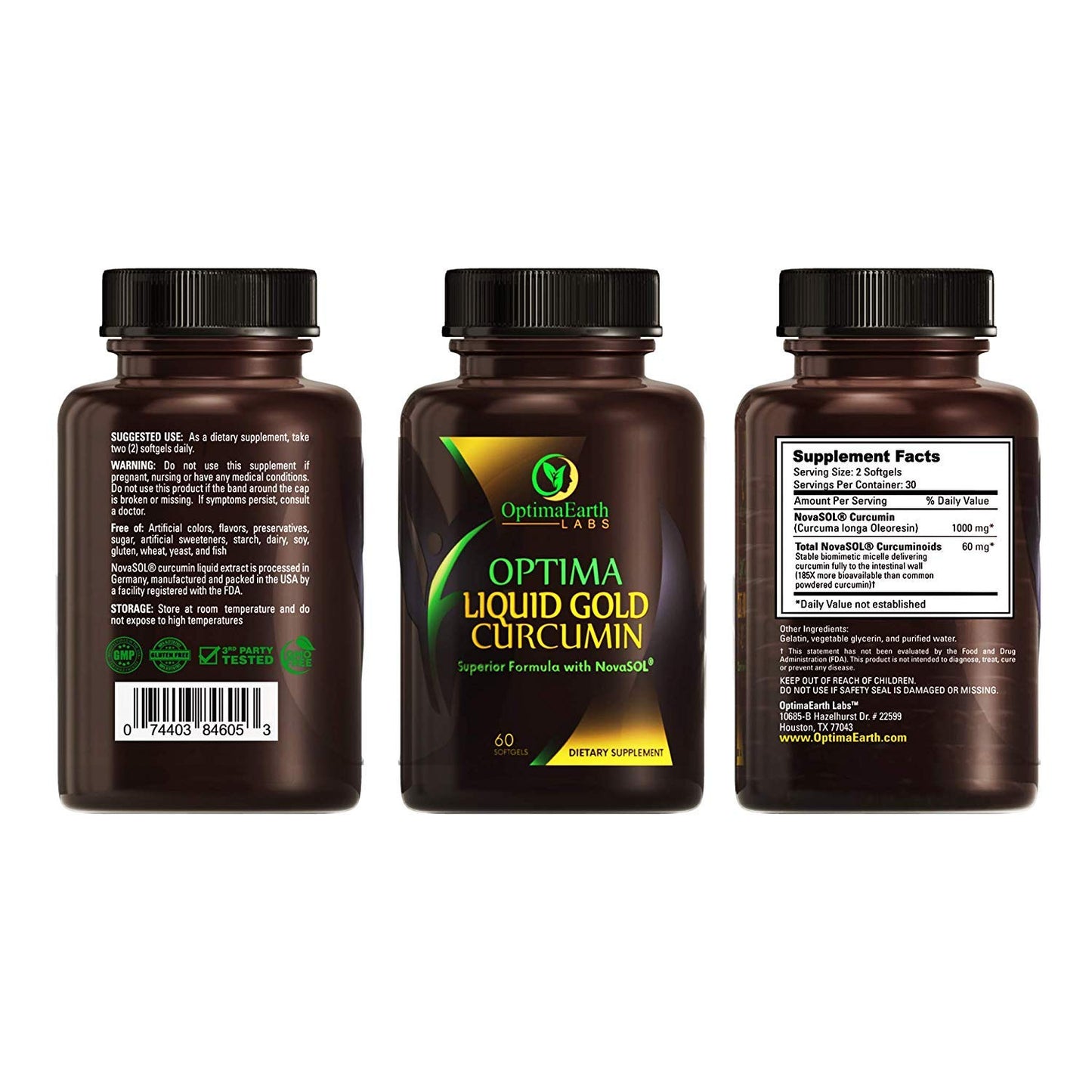 OptimaEarth Labs Liquid Gold Curcumin with NovaSOL — High Absorption Turmeric Supplement, Softgels, 60 Count