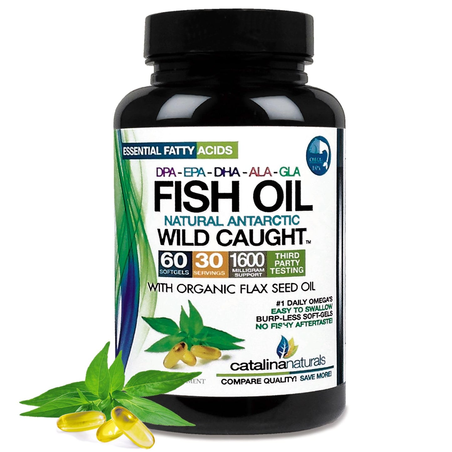 Catalina Naturals Triple Strength Fish Oil Wild Caught Antarctic Omega-3-6-9 Ultra Pure with EPA-DHA-DPA-GLA-ALA, Organic Flax Seed Oil, Light Vanilla Flavor Softgels 60 Count