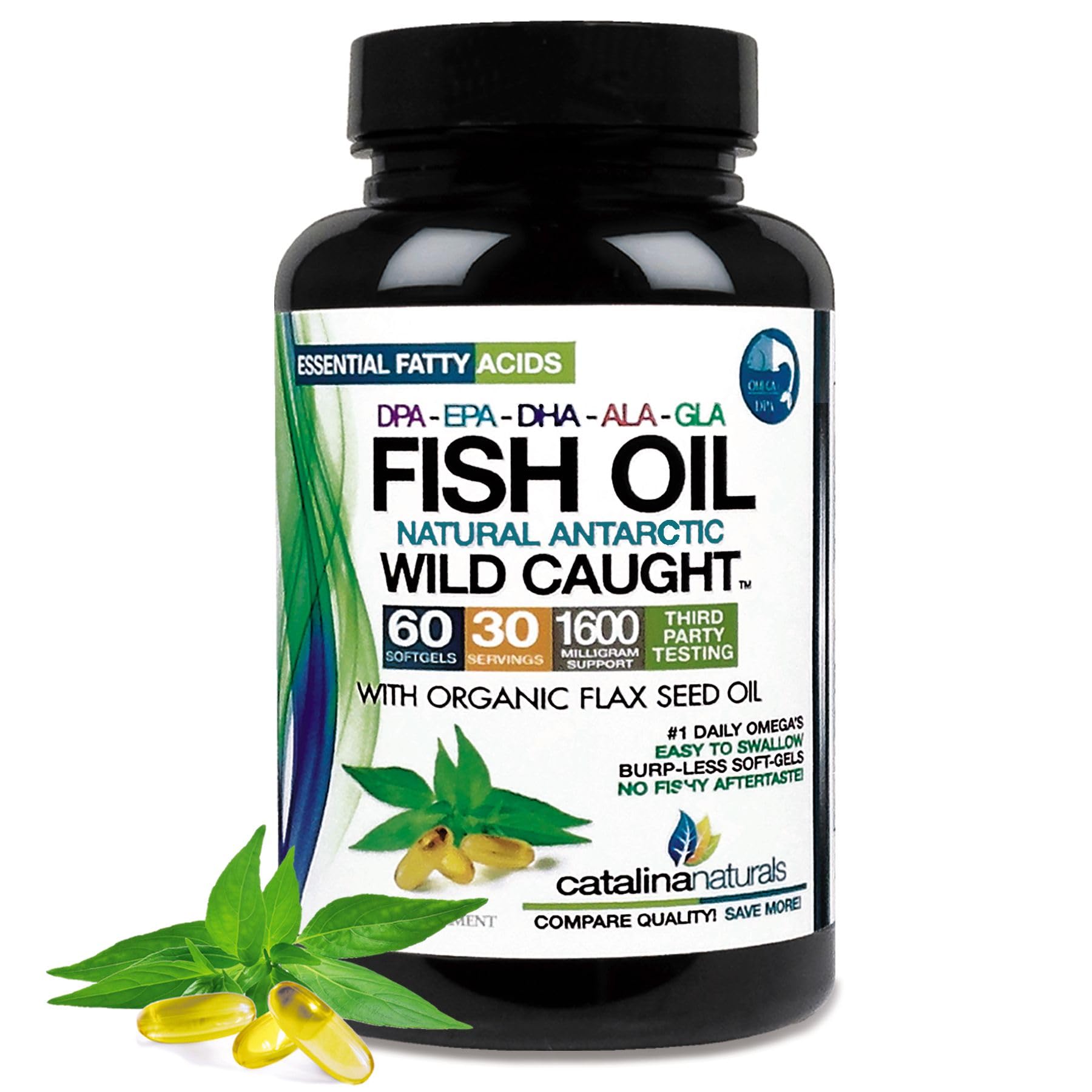 Catalina Naturals Triple Strength Fish Oil Wild Caught Antarctic Omega-3-6-9 Ultra Pure with EPA-DHA-DPA-GLA-ALA, Organic Flax Seed Oil, Light Vanilla Flavor Softgels 60 Count
