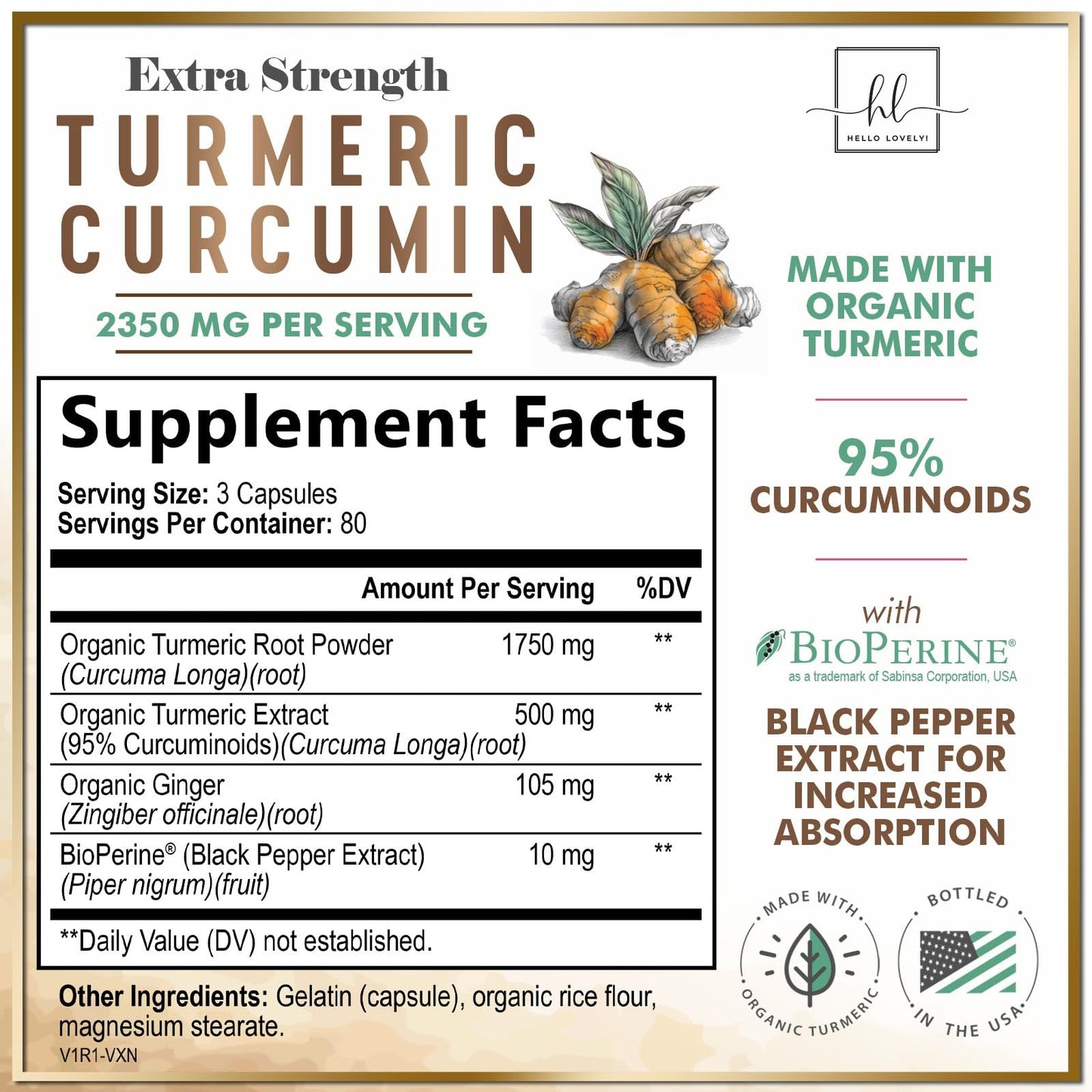 Hello Lovely! Turmeric Curcumin Supplement 1750mg Capsules 240