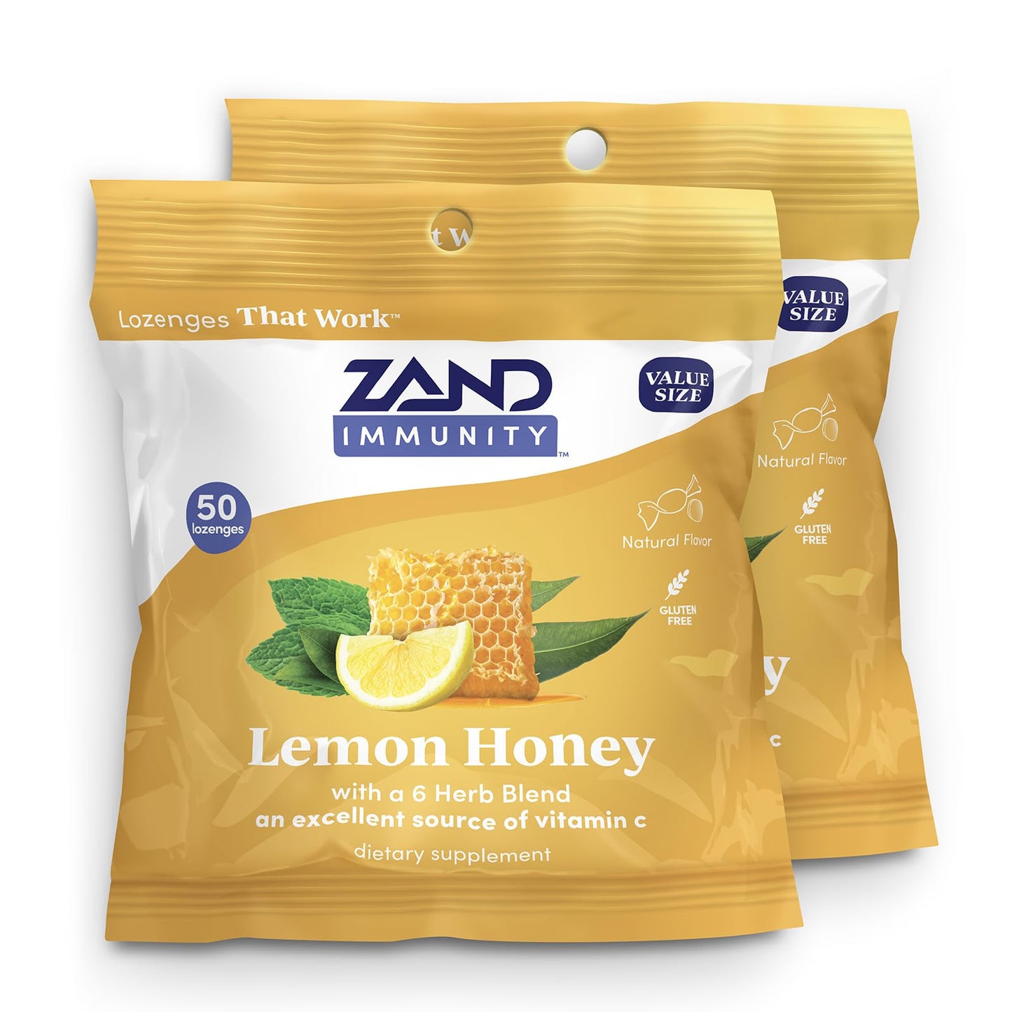 ZAND Immunity Lemon Honey Throat Lozenges with Vitamin C, Organic Honey, 50 Lozenges