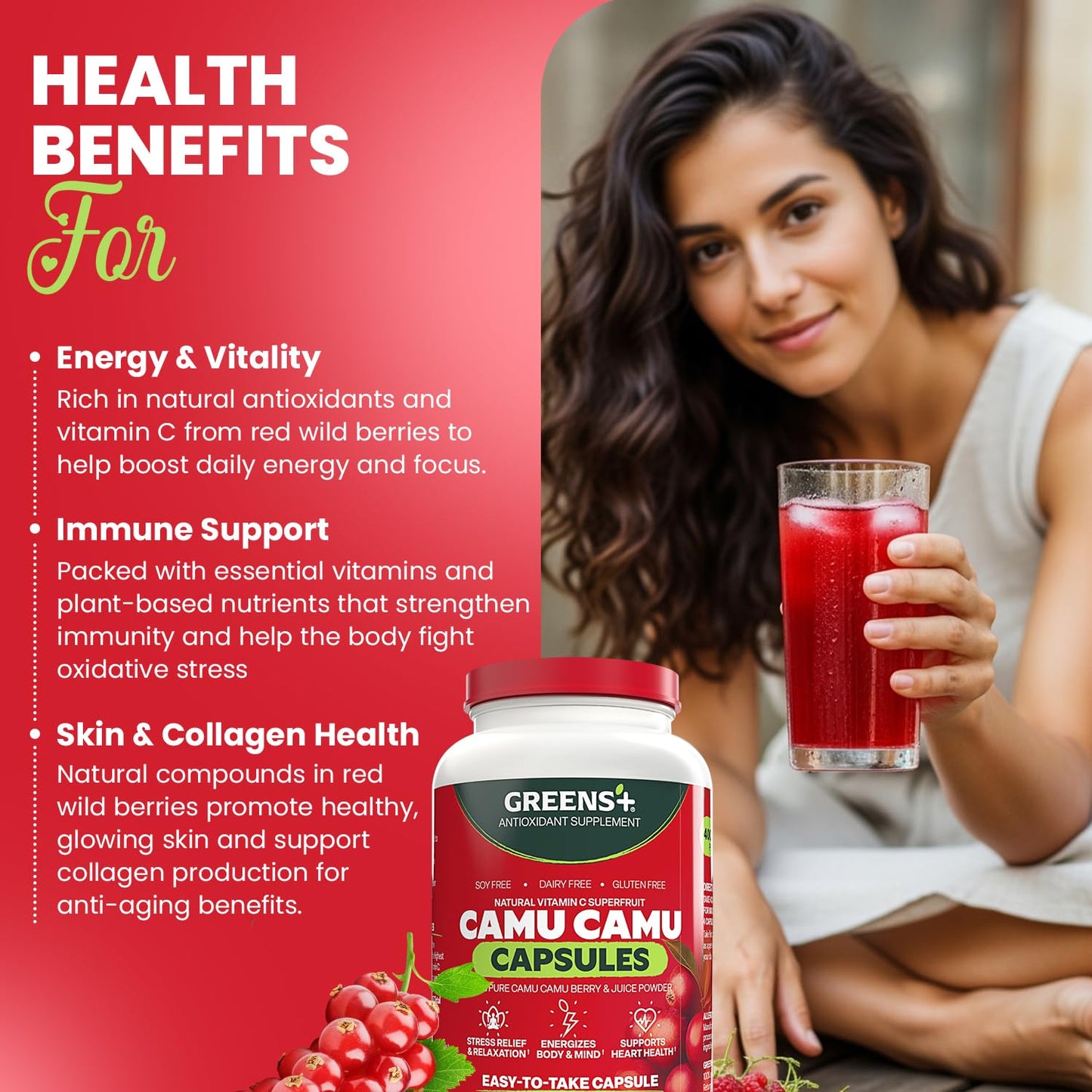 Greens+ SuperFruit Supplement with Camu Berry, Vitamins & Minerals, High ORAC Antioxidants, 400mg Natural Vitamin C, 120 Capsules