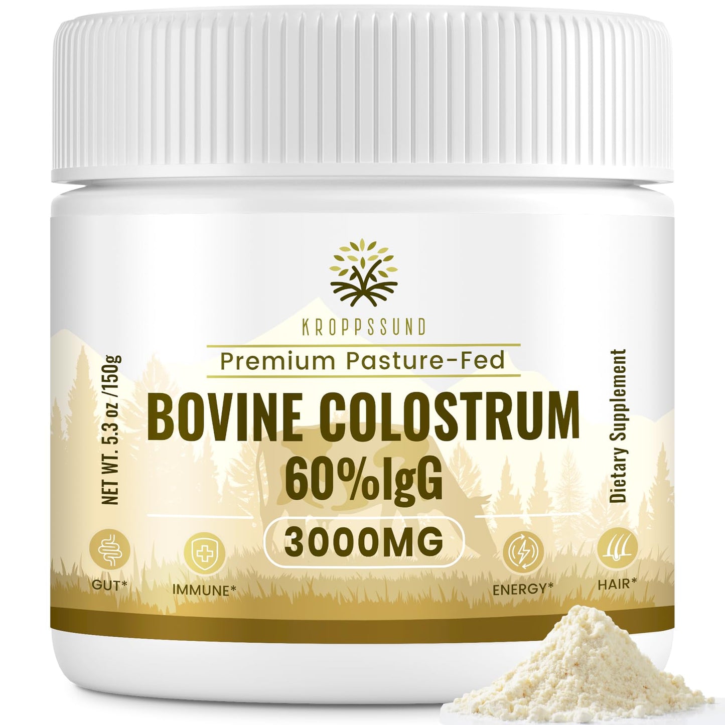 Kroppssund Bovine Colostrum Powder Supplement 3000 mg, 60% IgG, 5.3 oz