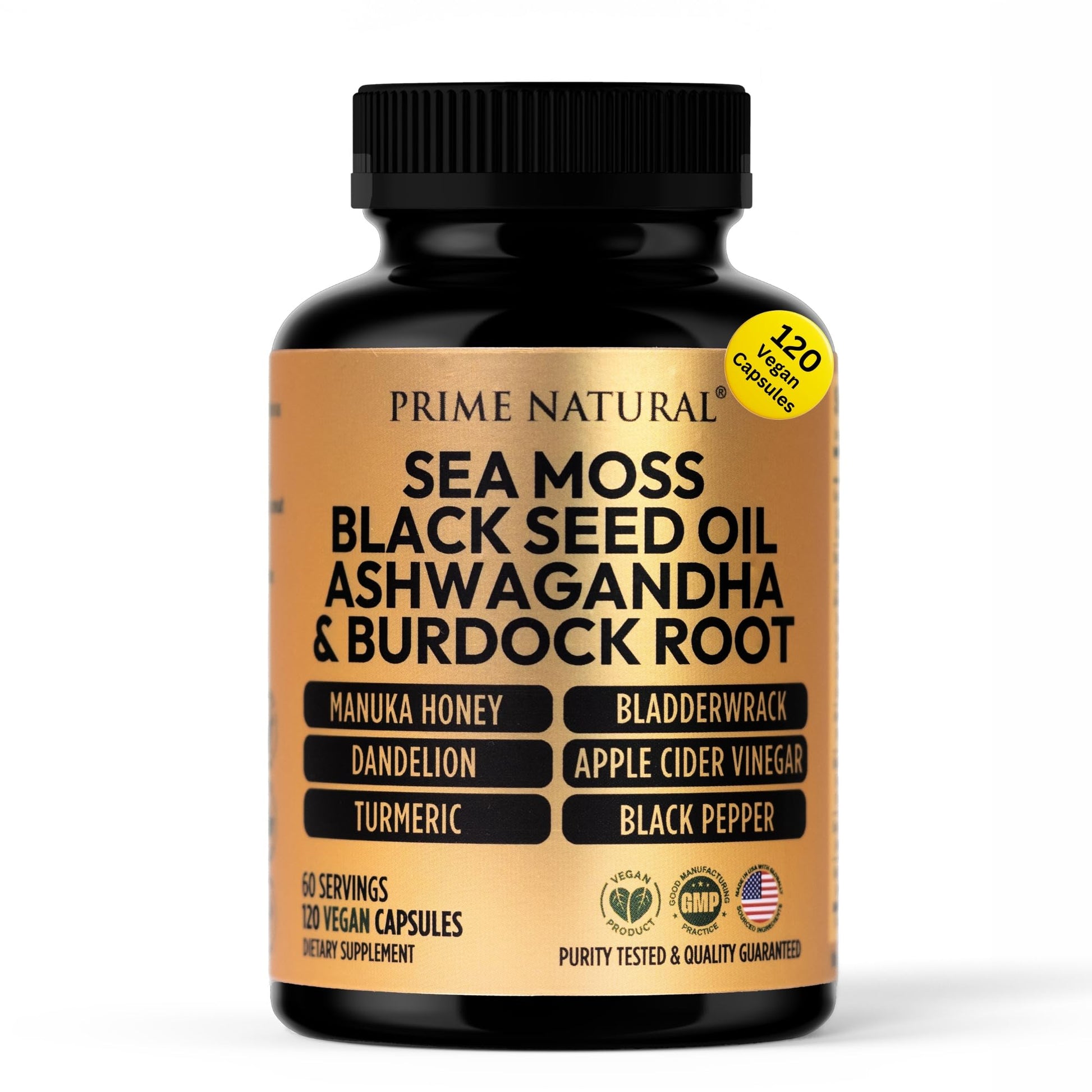 PRIME NATURAL Sea Moss 300mg, Black Seed Oil 200mg, Ashwagandha 100mg, Turmeric, Bladderwrack, Burdock, Manuka Honey, Dandelion, ACV 120 Capsules