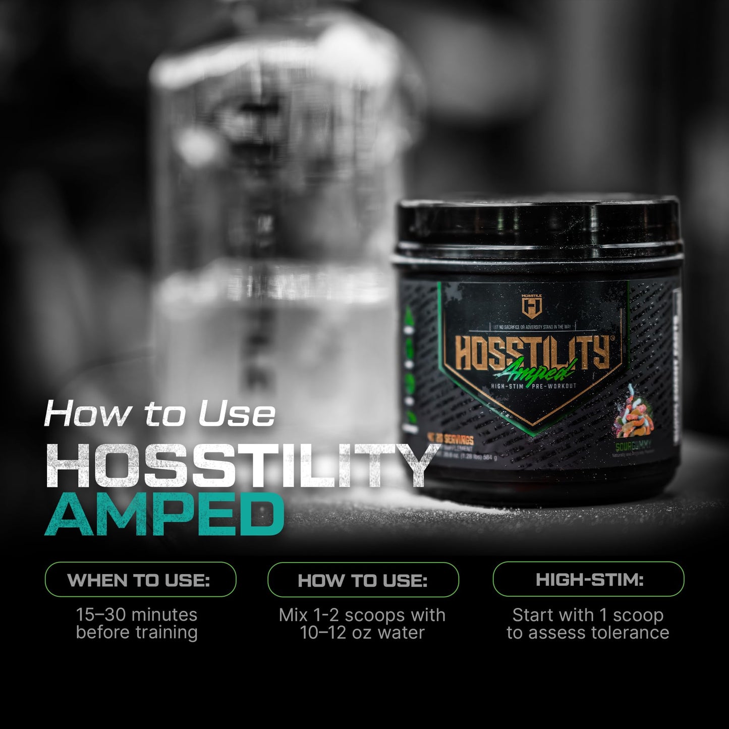 HOSSTILE Hosstility Amped High Stim Pre-Workout Powder, Sour Gummy, 40 Servings