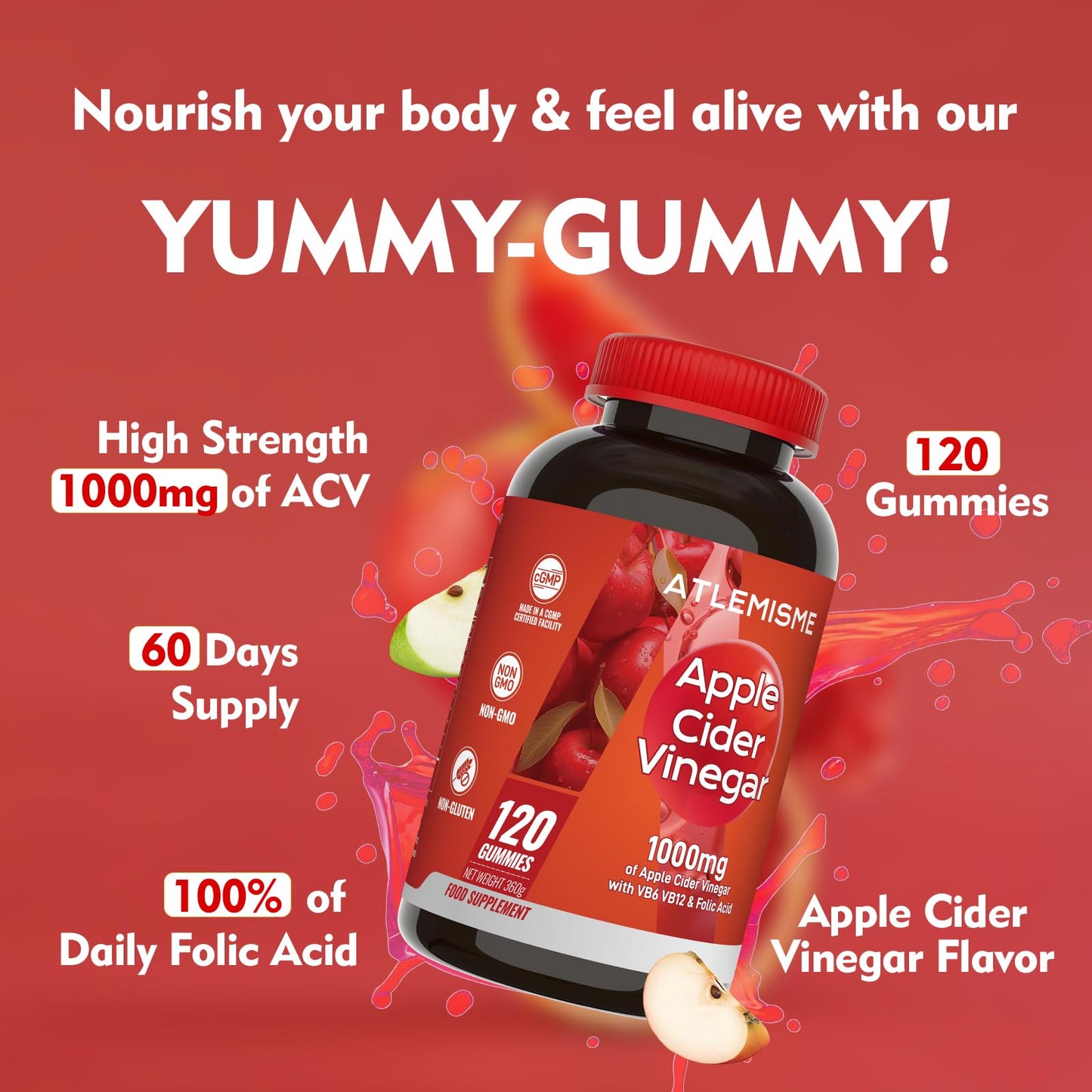 ATLEMISME Apple Cider Vinegar Gummies, 120 Count, Max Strength 1000mg with B Vitamins & Antioxidants, Supports Digestion, Metabolism & Immune Health, Vitamin B12, B6, Vegan, Non-GMO