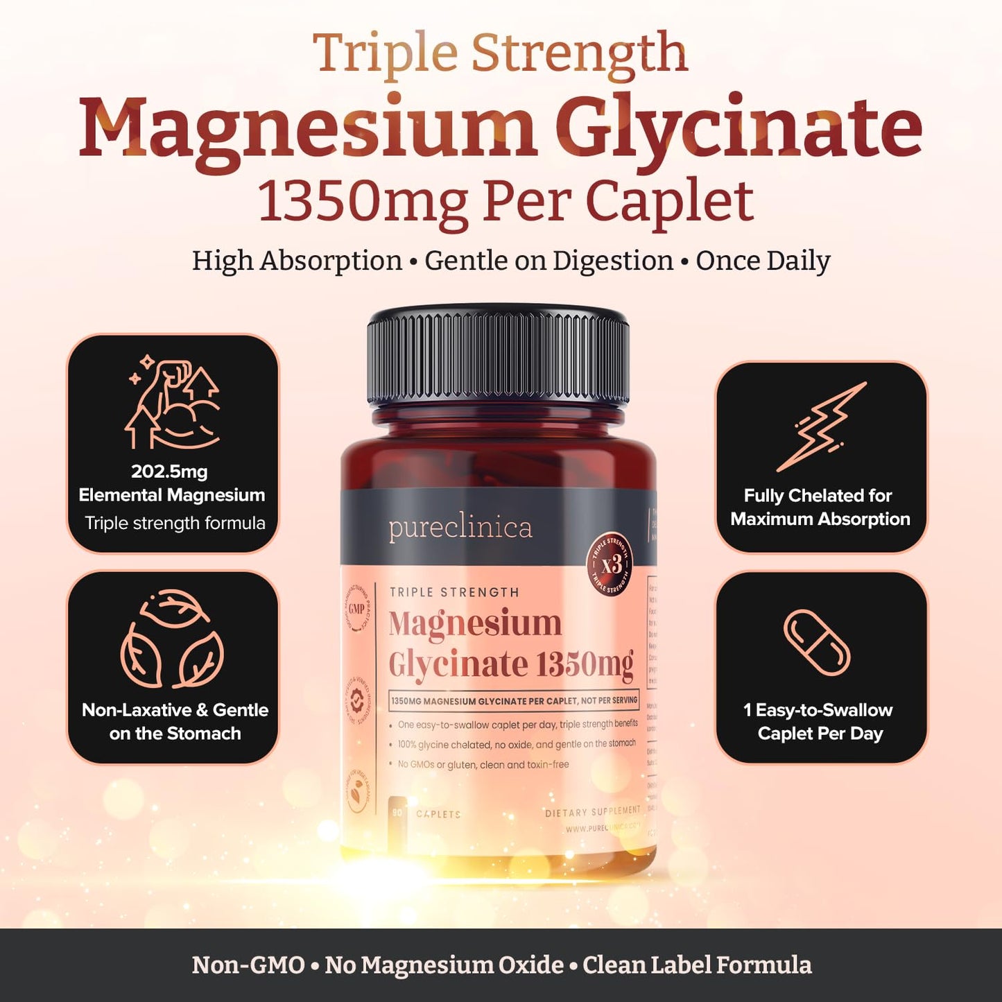 PureClinica Triple Strength Magnesium Glycinate 1350mg Caplets, 90 Count