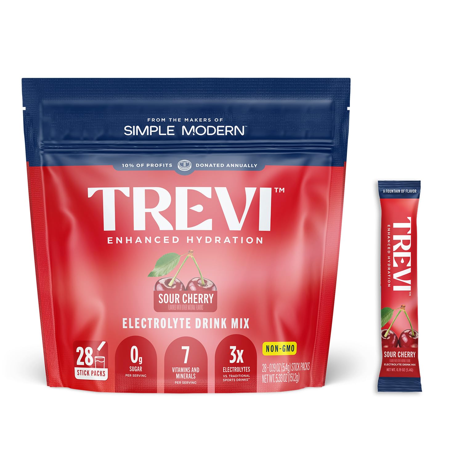 TREVI Electrolytes Powder Packets Sugar Free Hydration Sour Cherry, 28 Servings