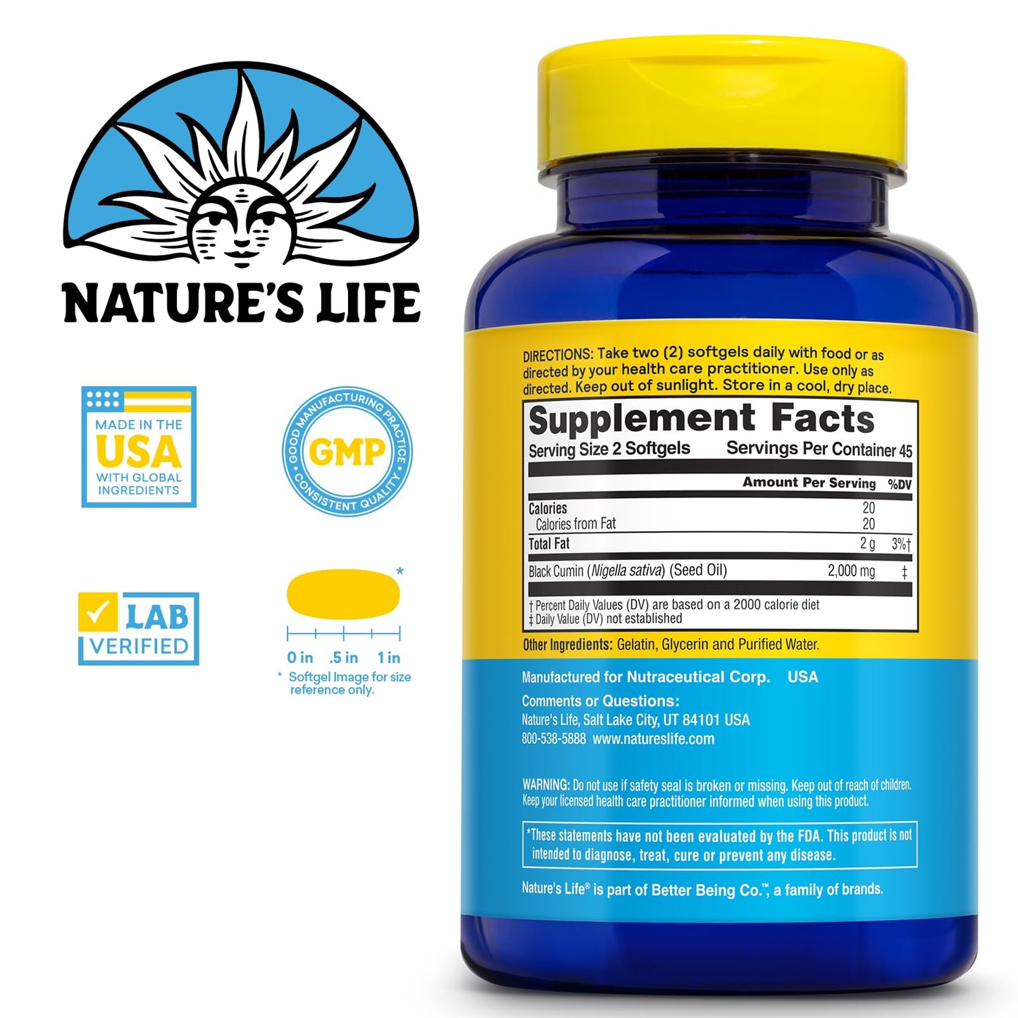 Nature's Life Black Seed Oil 2000mg Softgels, 90 Count