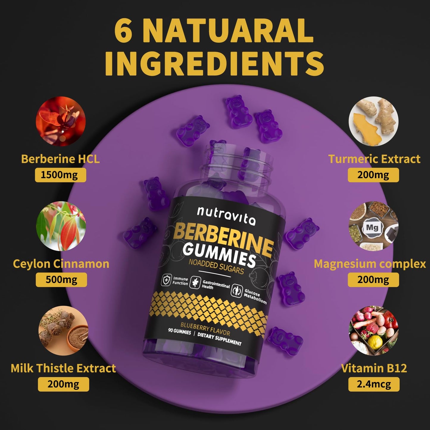 Nutravita Berberine Gummies with Ceylon Cinnamon 1500mg High Potency Berberine HCL, Sugar Free Organic Blueberry Flavor, 180 Gummies