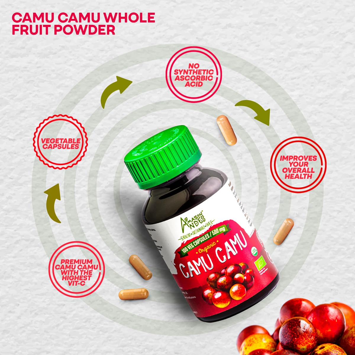 AMAZON ANDES HEALTHY · SUSTAINABLE · FAIR Camu Camu 500mg Capsules, 100 Count
