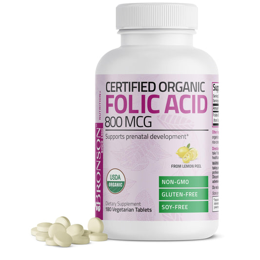 Bronson Organic Folic Acid (Vitamin B9 Folate) 800 mcg Folate from Lemon Peel Tablets, 180 Tablets