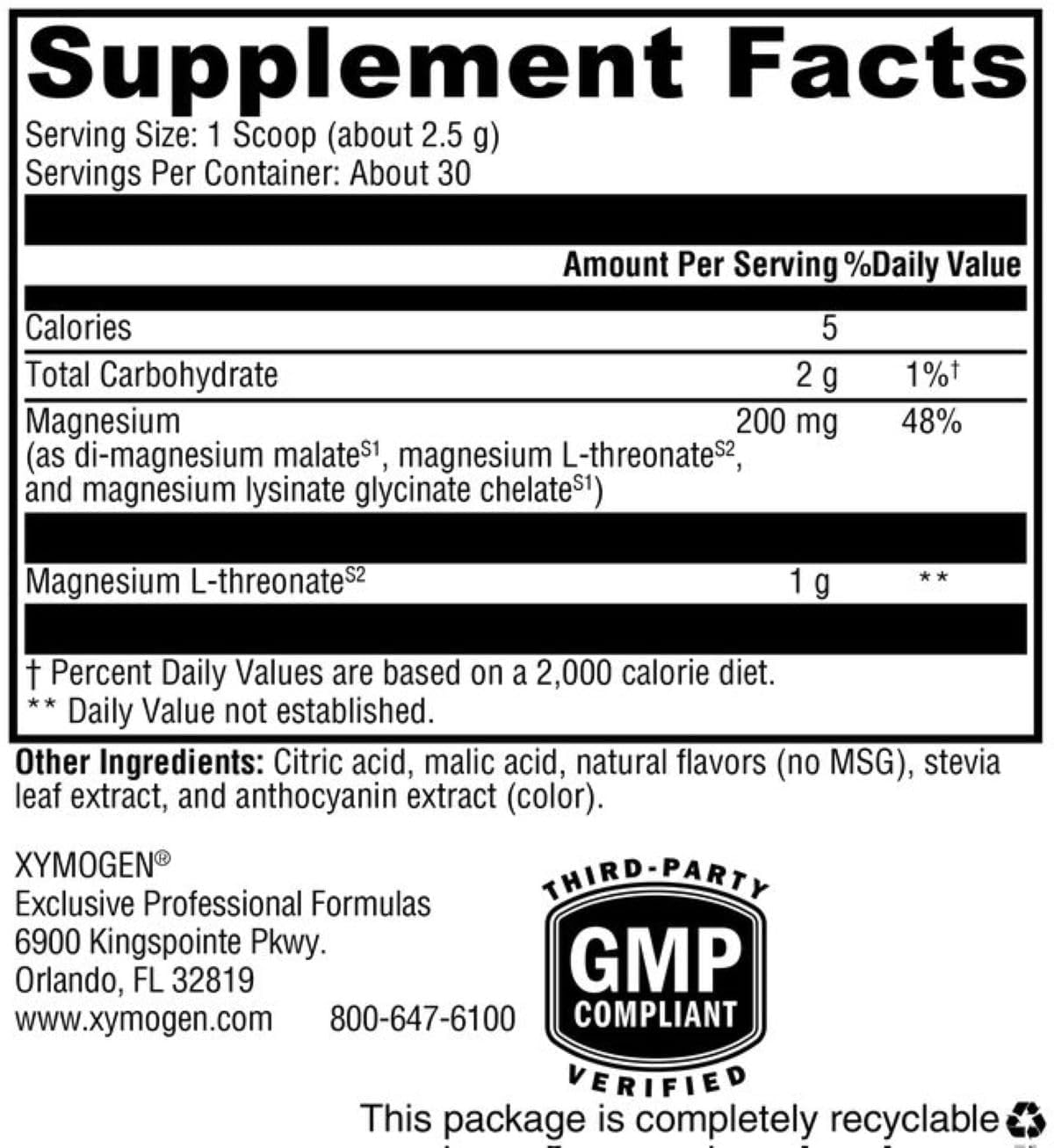XYMOGEN OptiMag Neuro Powder, Magnesium Glycinate & L-Threonate, Chelated Magnesium, Mixed Berry Flavor, 2.64 Oz