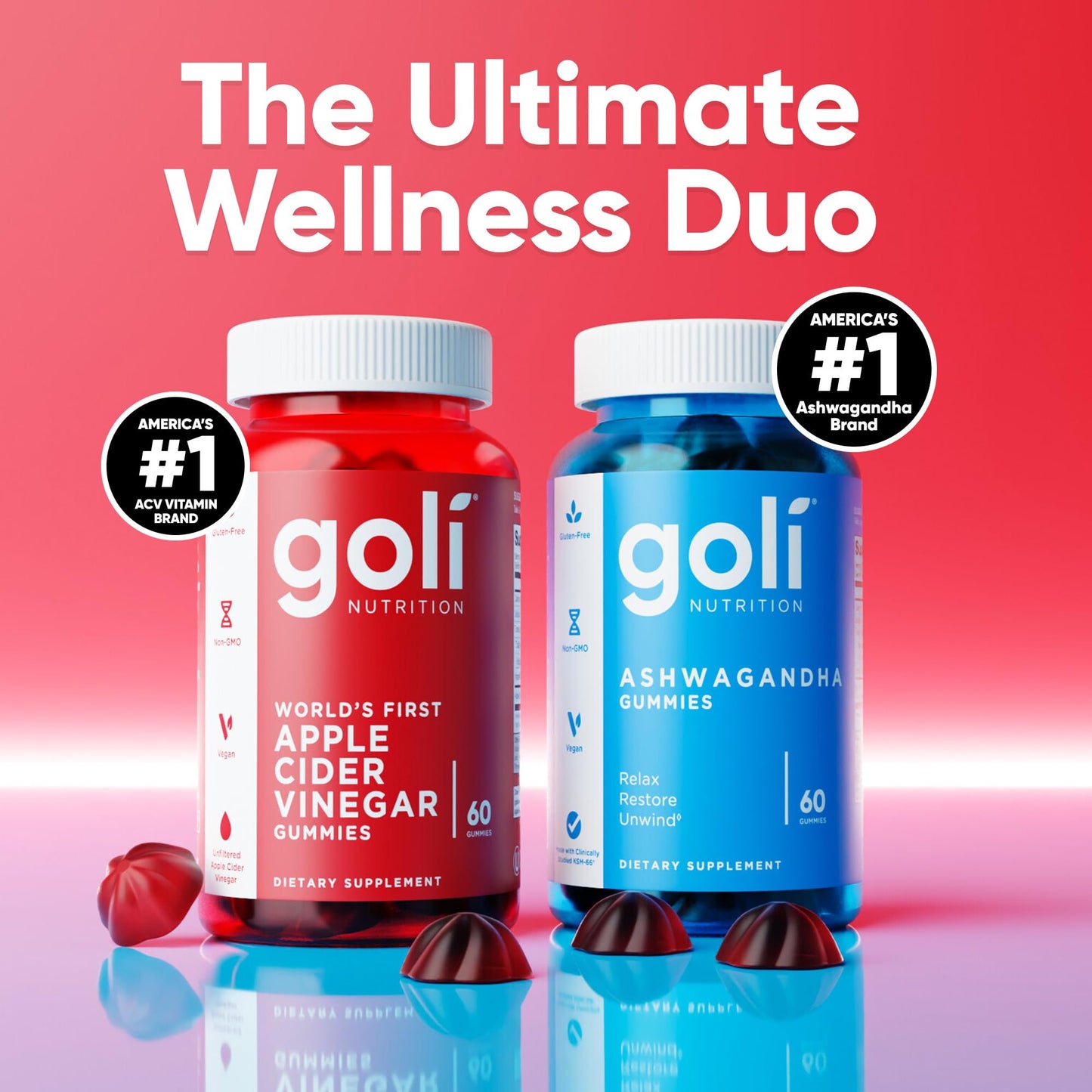 Goli Power Wellness Duo for Stress & Wellness Support – Apple Cider Vinegar & Ashwagandha Gummies with Vitamin B12 & Vitamin D, 120 Gummies