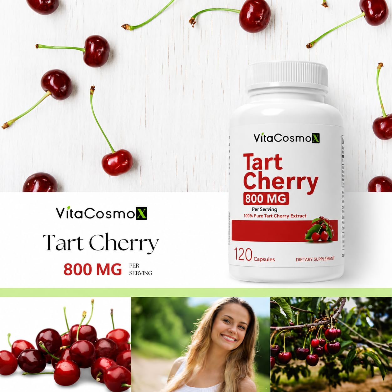 VitaCosmoX Tart Cherry Extract Supplement 800 mg Capsule 120 Count