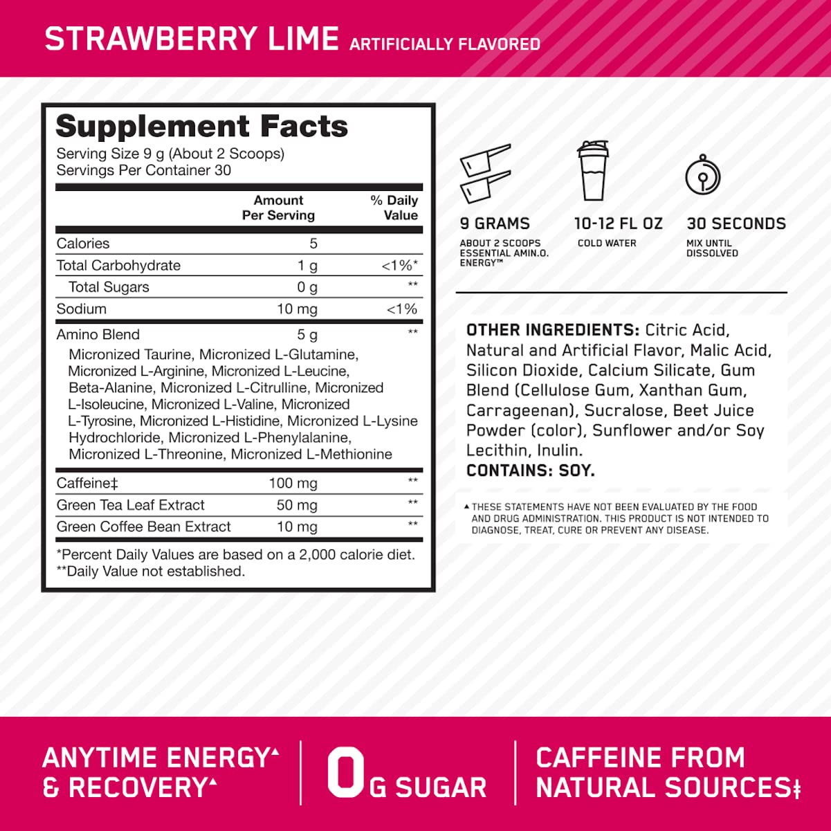 Optimum Nutrition Amino Energy Powder, 9.5 Ounce, Strawberry Lime